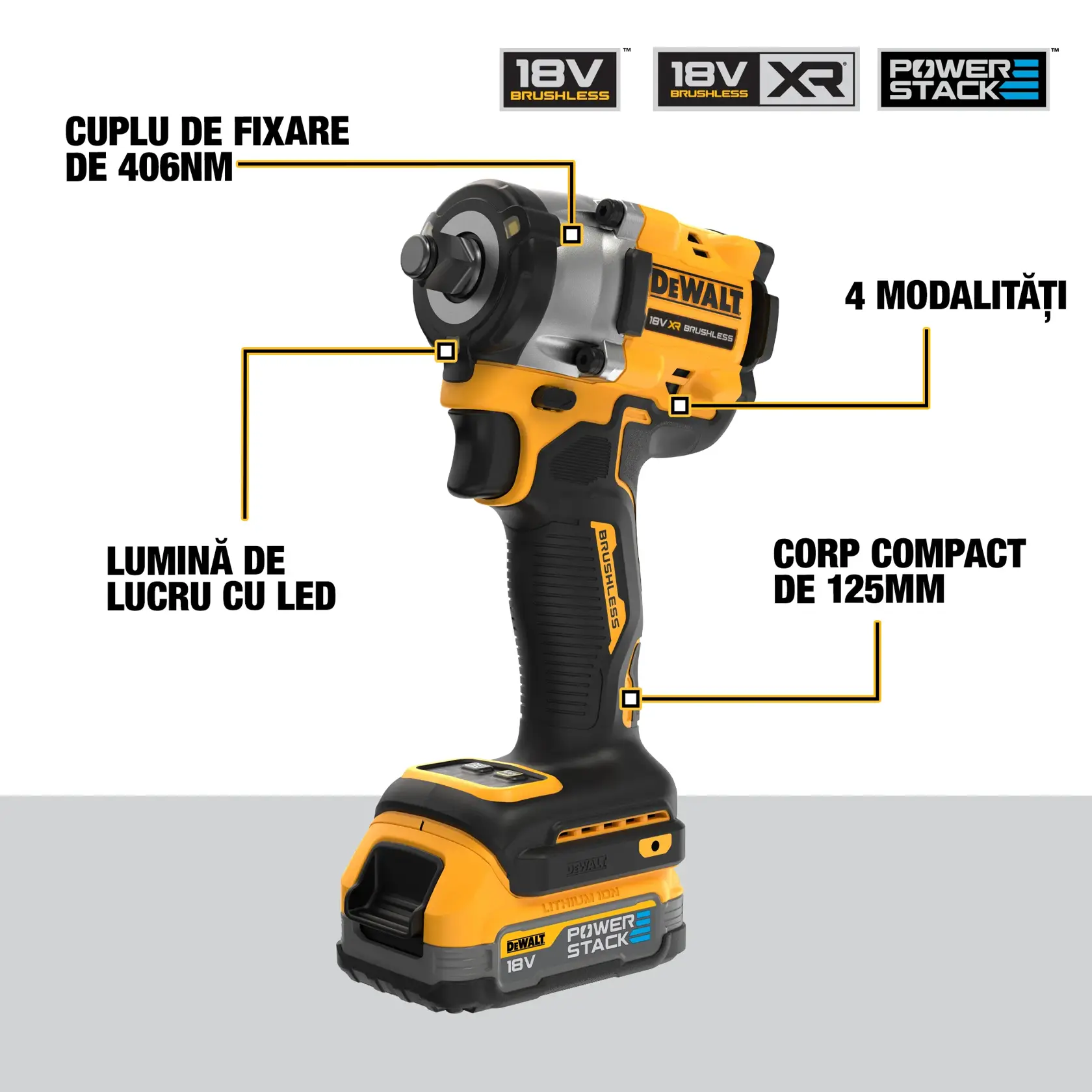 Imagen de una llave de impacto inalámbrica DEWALT de 18V, modelo DCF921E2T, con tecnología brushless XR y batería PowerStack. Se destacan un par máximo de 406 Nm, 4 modos de uso, luz de trabajo LED integrada y un cuerpo compacto de 125 mm. La herramienta es negra y amarilla, con la marca visible.