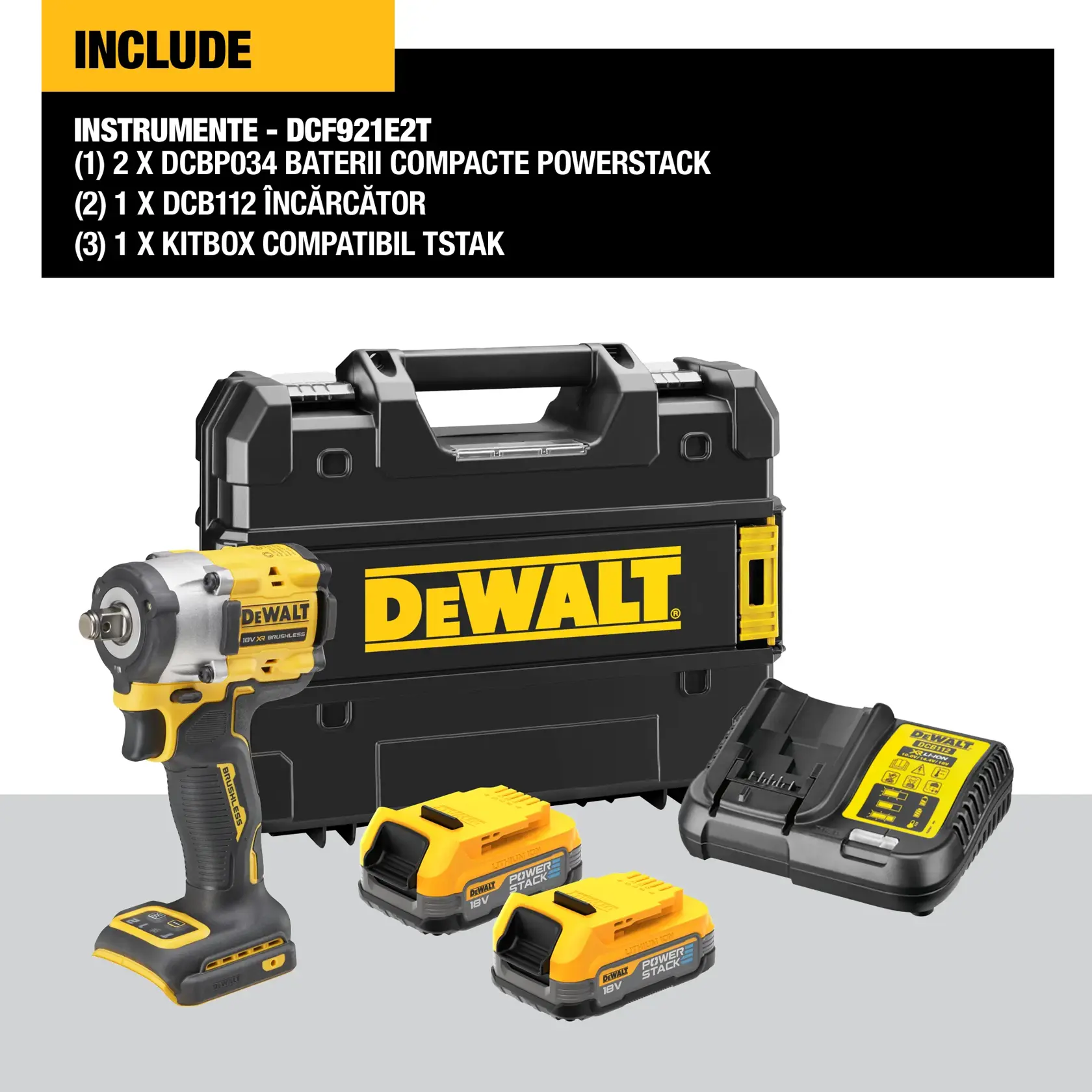 Juego DEWALT DCF921E2T que incluye una llave de impacto inalámbrica, dos baterías Powerstack de 18V, un cargador multi-voltaje y un resistente maletín TSTAK, todo mostrado junto.