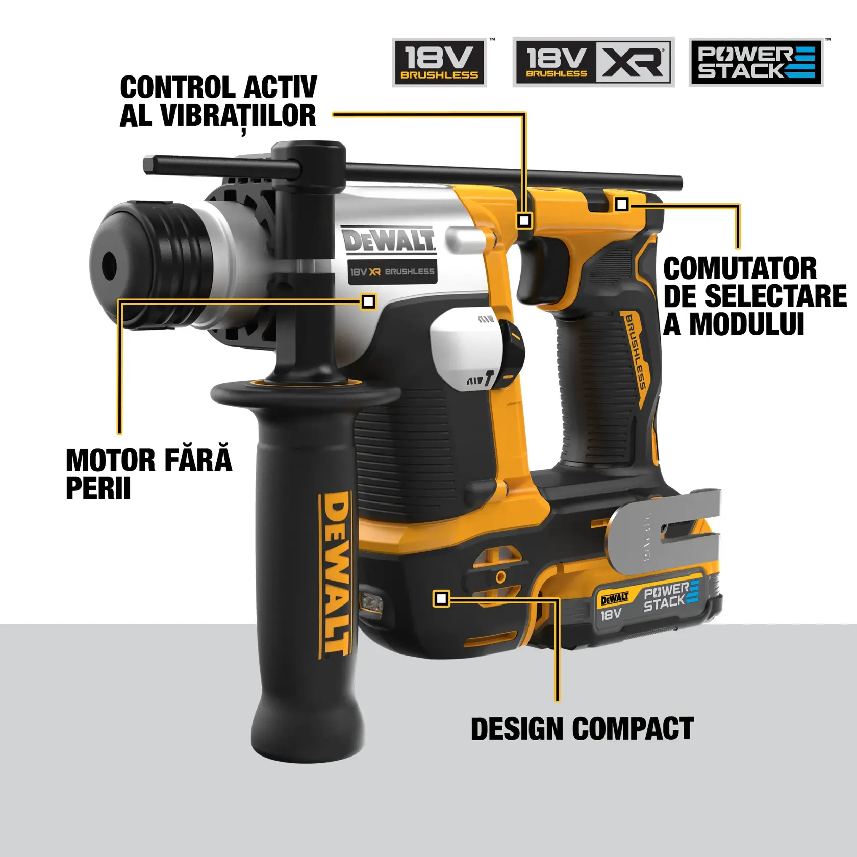 Martillo rotativo DEWALT 18V XR sin escobillas con batería PowerStack, mostrando el control activo de vibración, motor sin escobillas, interruptor de selección de modo y diseño compacto mediante textos destacados en español.