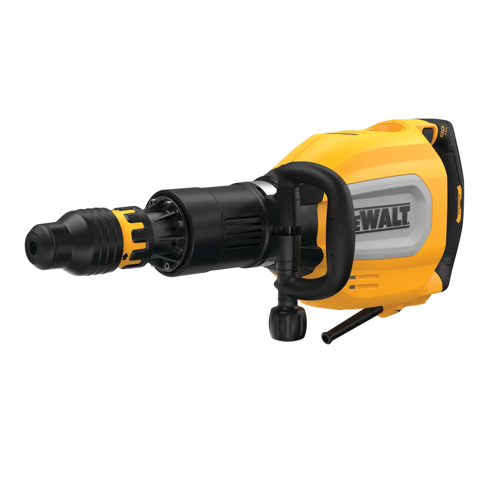 Un ciocan demolator electric marca DEWALT, cu carcasă galbenă și neagră, prevăzut cu mâner lateral pentru o priză și un control mai bun.