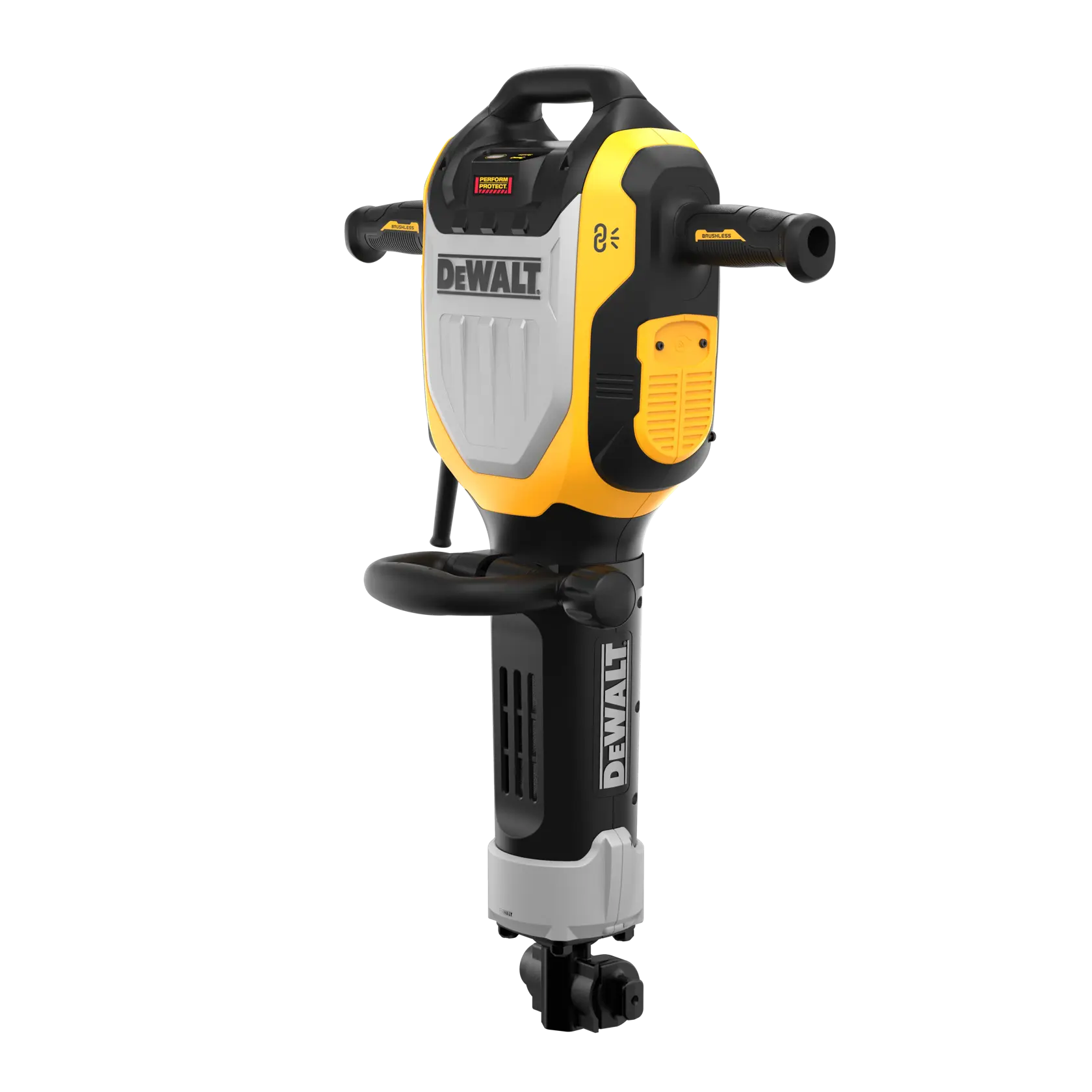 Un ciocan demolator electric DEWALT cu design galben și negru, mânere ergonomice și construcție robustă, prezentat vertical pe fundal alb.