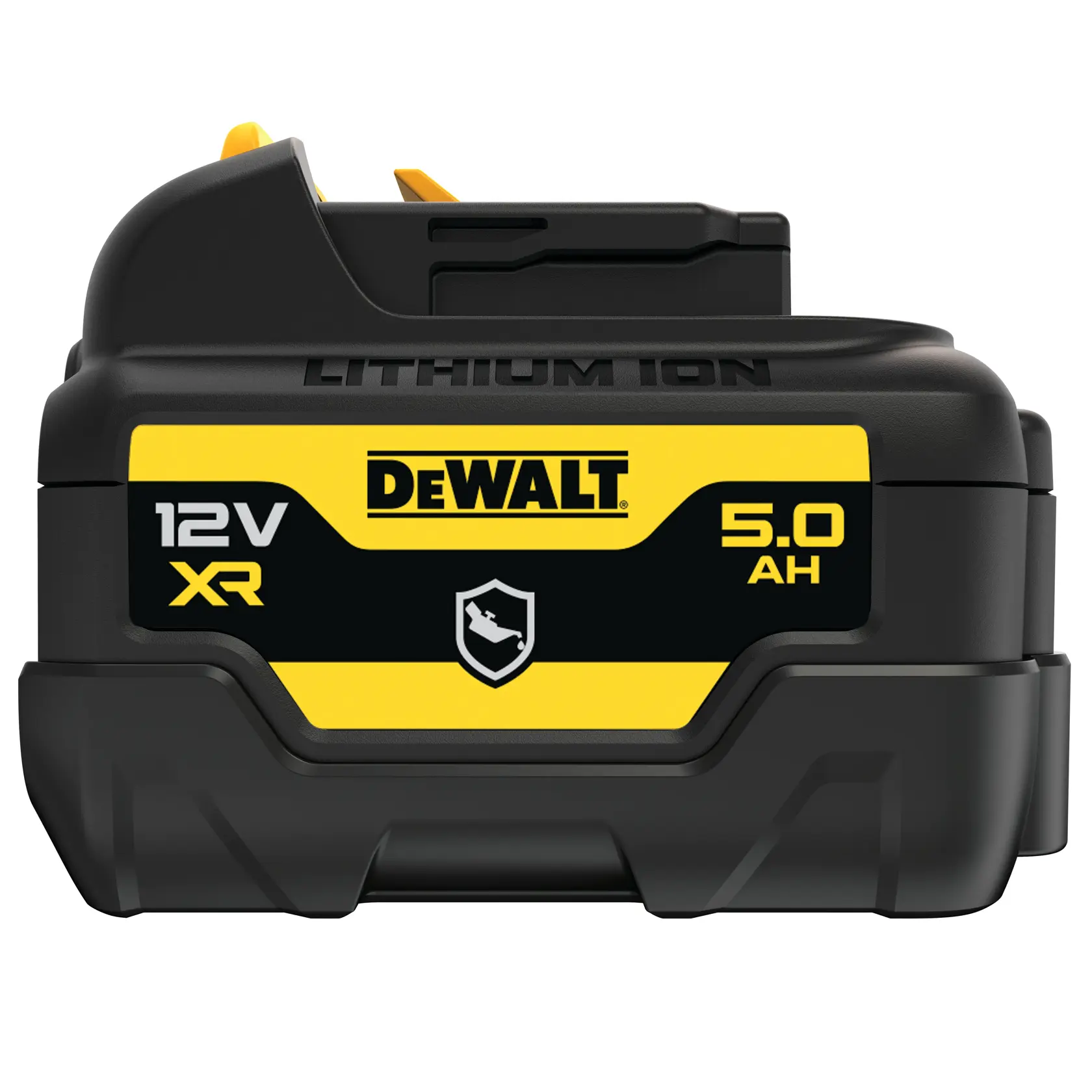 A DEWALT 12V MAX 5Ah lithium-ion battery, shown with a black and yellow design, suitable for power tools.