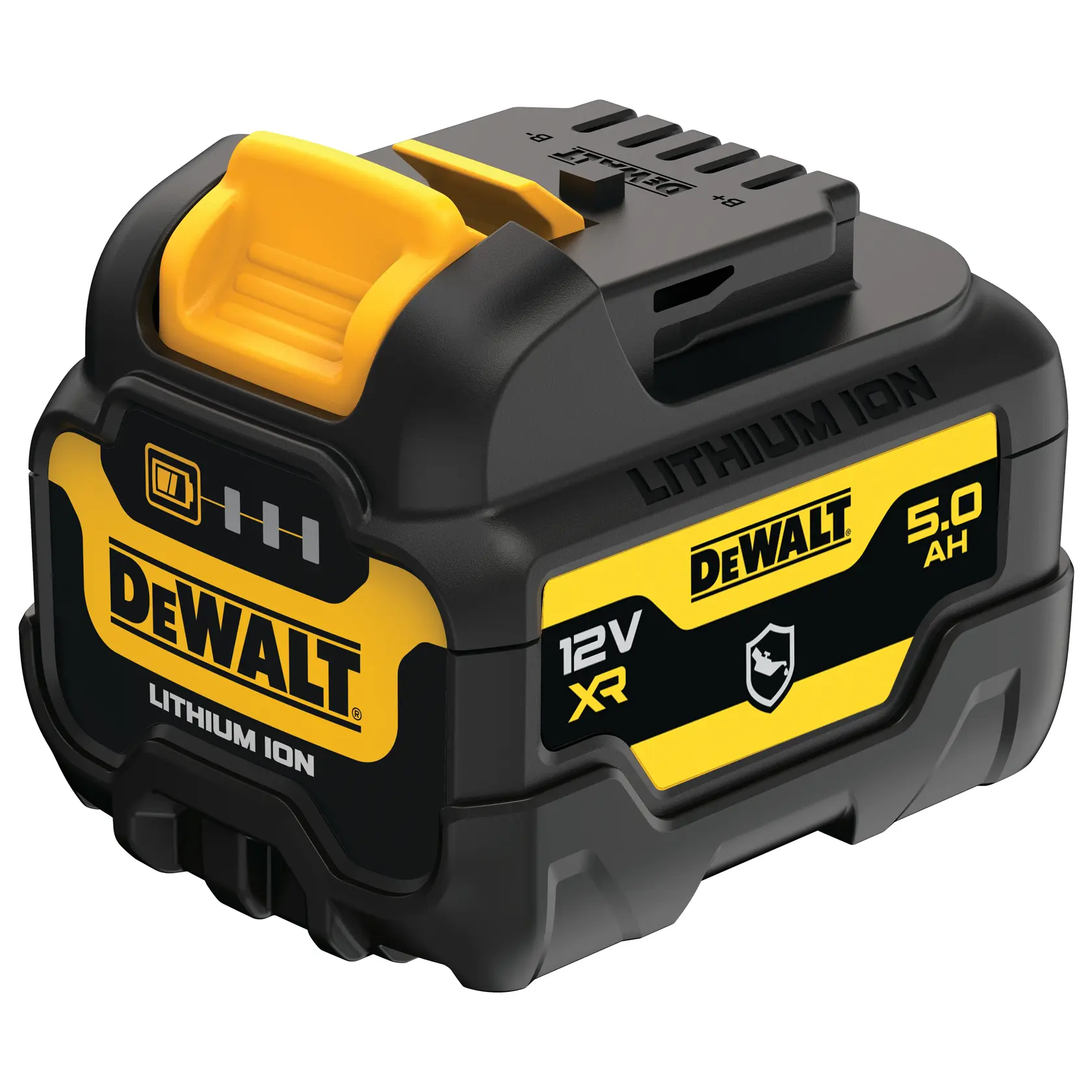 A DEWALT 12V Max lithium ion battery pack with 5 amp-hour capacity. The battery features a yellow and black design, DEWALT branding, and indicator lights on the front.
