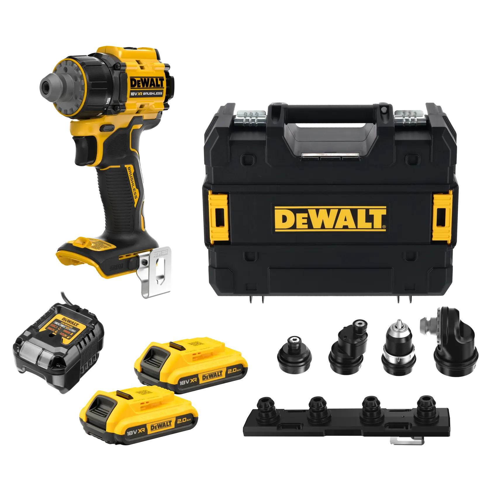 DEWALT drill kit with case, charger, batteries, accessories. SKUs: DCD803D2T-QW, DCD803D2T. Photography category.