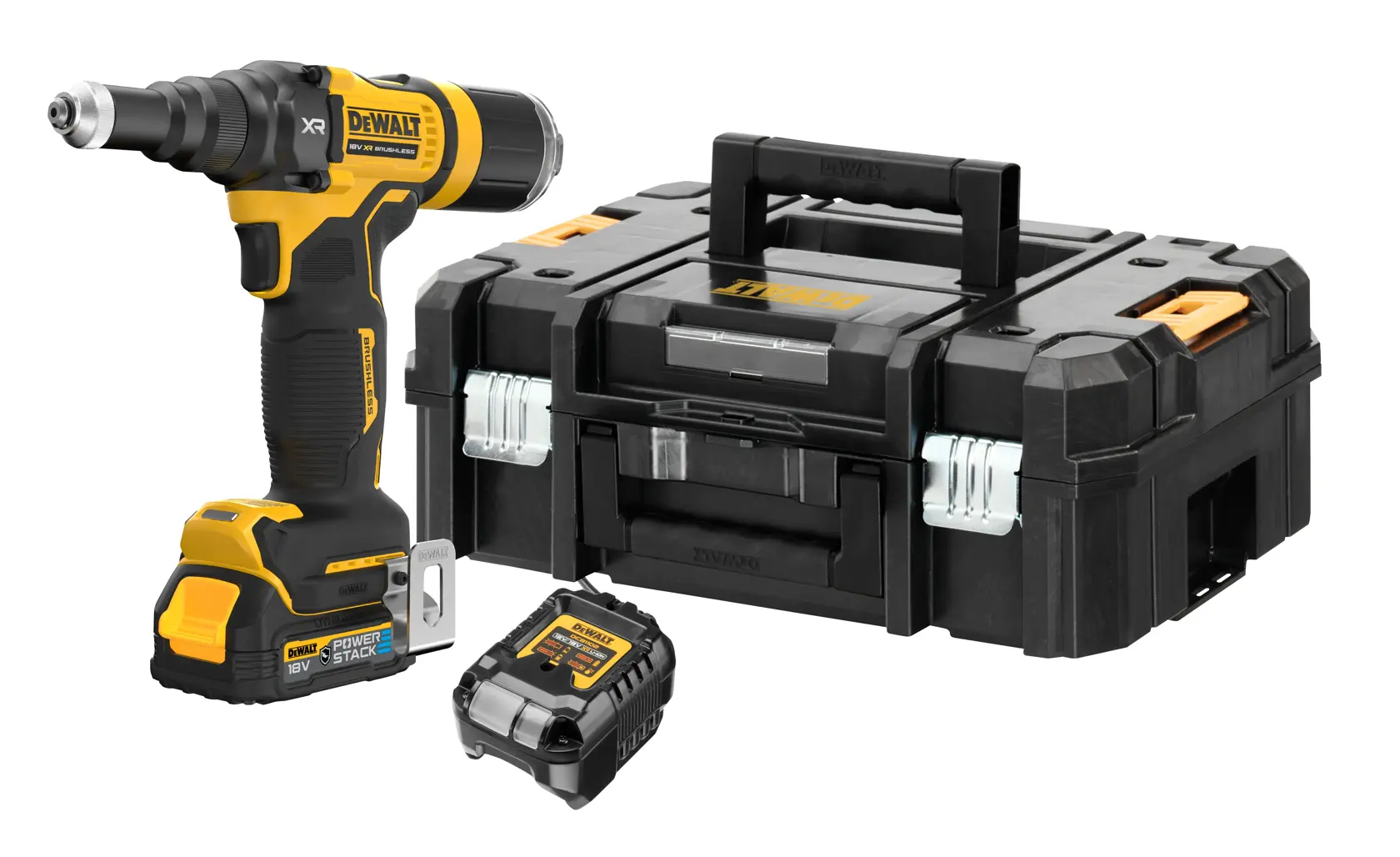 Un kit de unelte electrice fără fir DEWALT ce include o bormașină-șurubelniță galben-negru, o baterie și o cutie de transport neagră din plastic tare cu mâner.