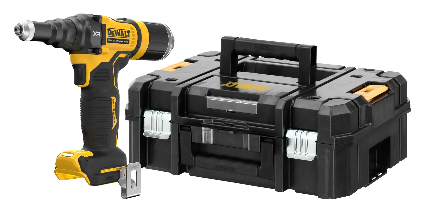 Bormașină fără fir DEWALT cu design negru și galben, prezentată lângă o cutie rigidă de transport neagră, cu mâner și cleme metalice.
