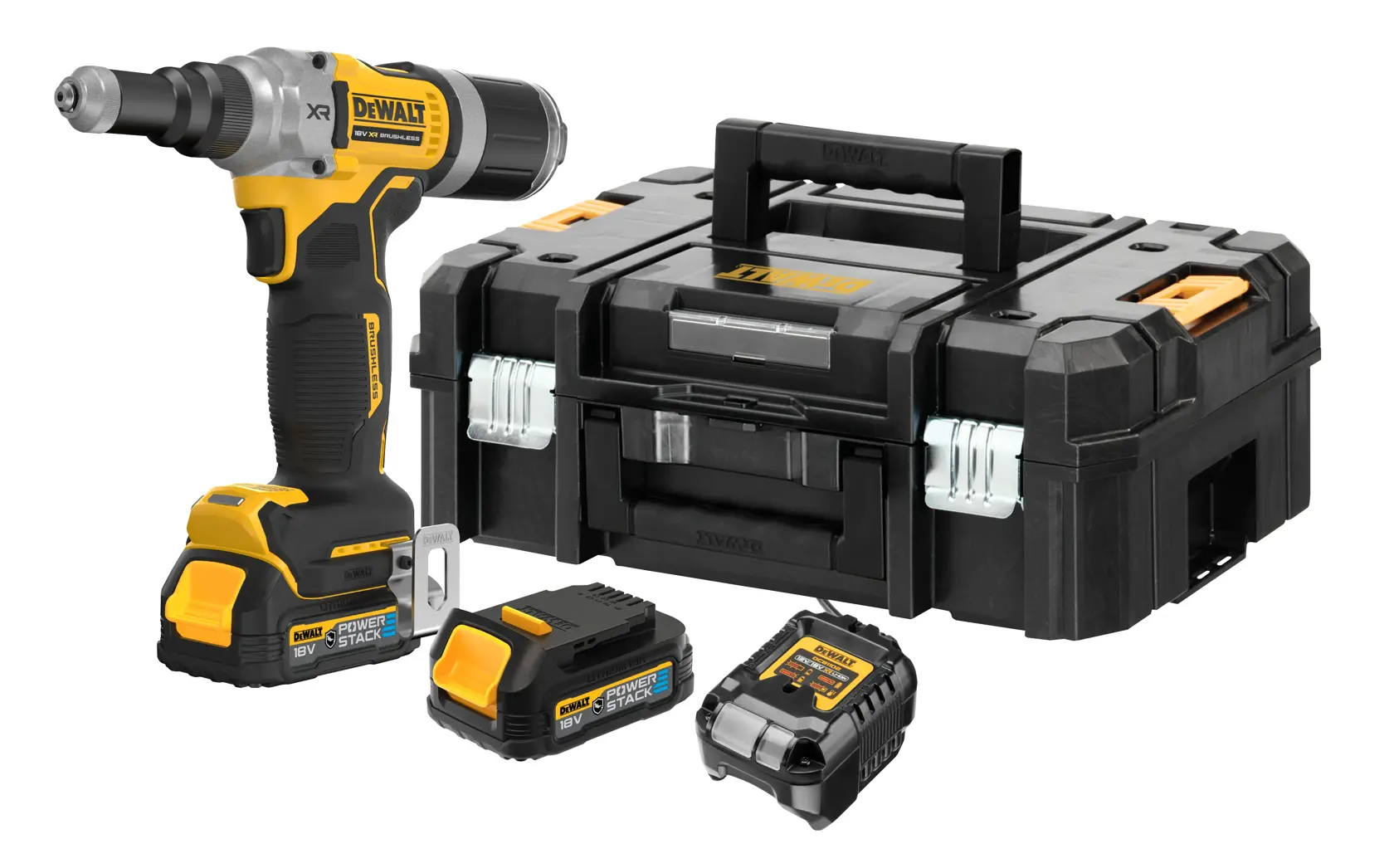 Kit cheie de impact fără fir DEWALT DCF414E2GT cu cheie de impact neagră și galbenă, două baterii Powerstack de 18V, un încărcător de baterii și o cutie de depozitare neagră DEWALT.