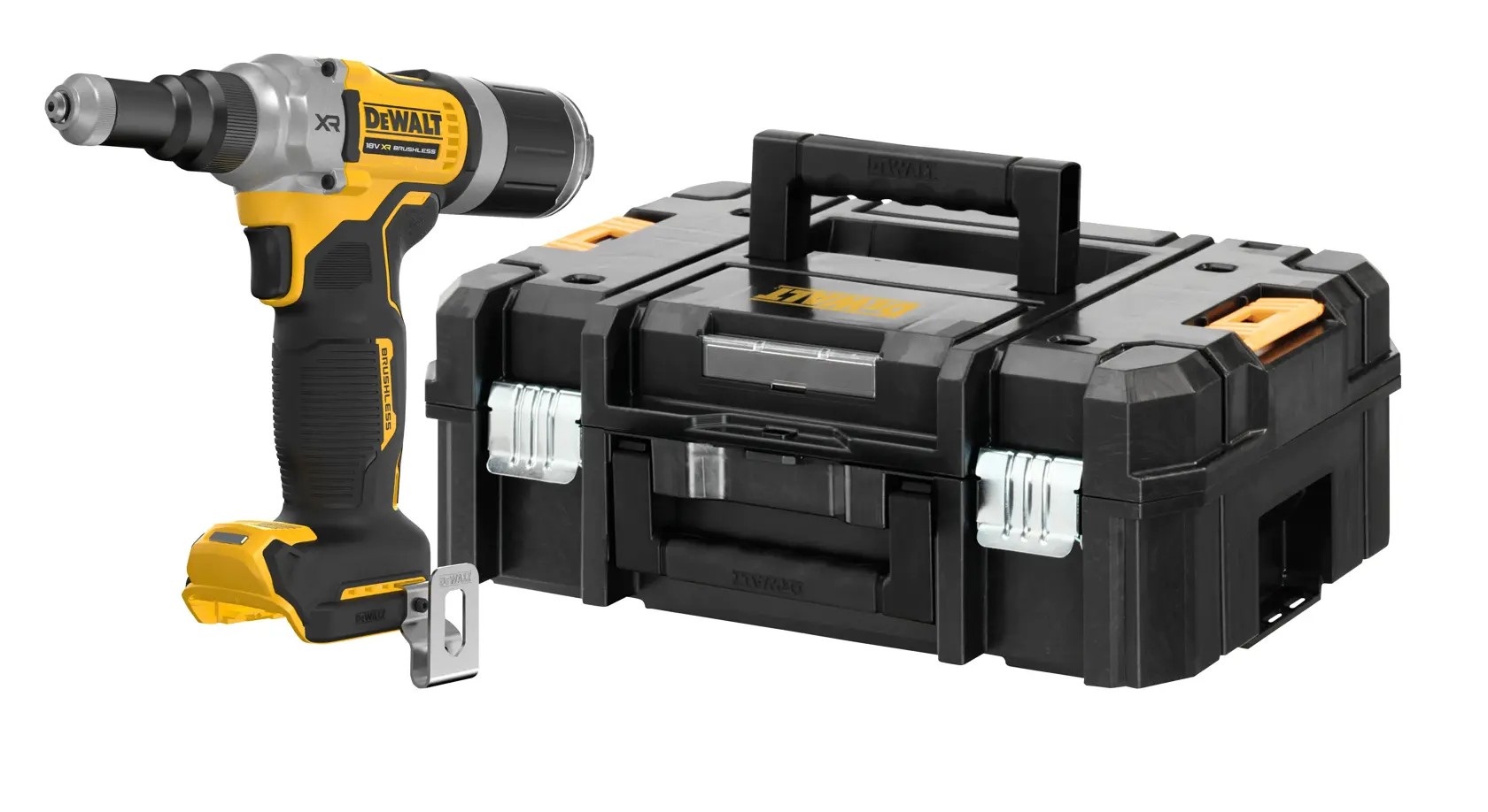 Un dispozitiv electric fără fir DEWALT cu design negru și galben este prezentat lângă o cutie de transport neagră, robustă, cu mâner și încuietori metalice.