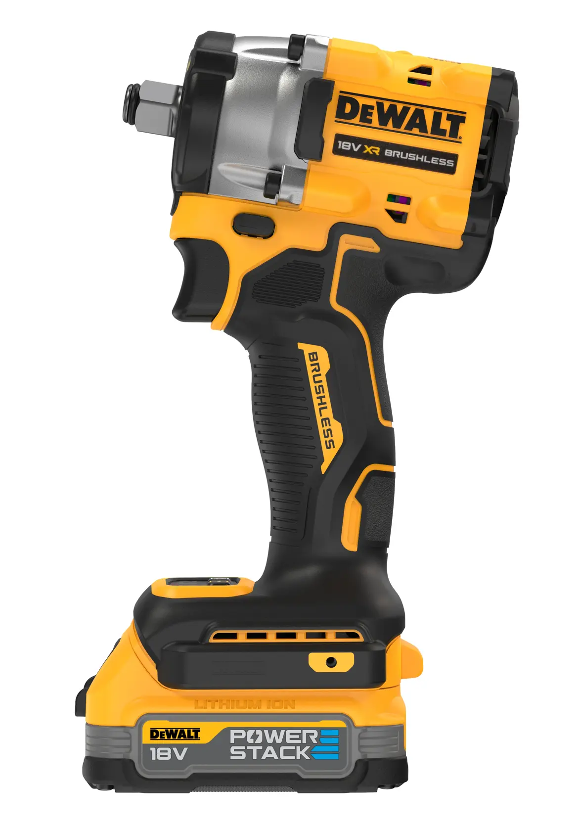 Llave de impacto DEWALT 18V XR brushless con batería POWERSTACK, mostrada sobre fondo blanco.
