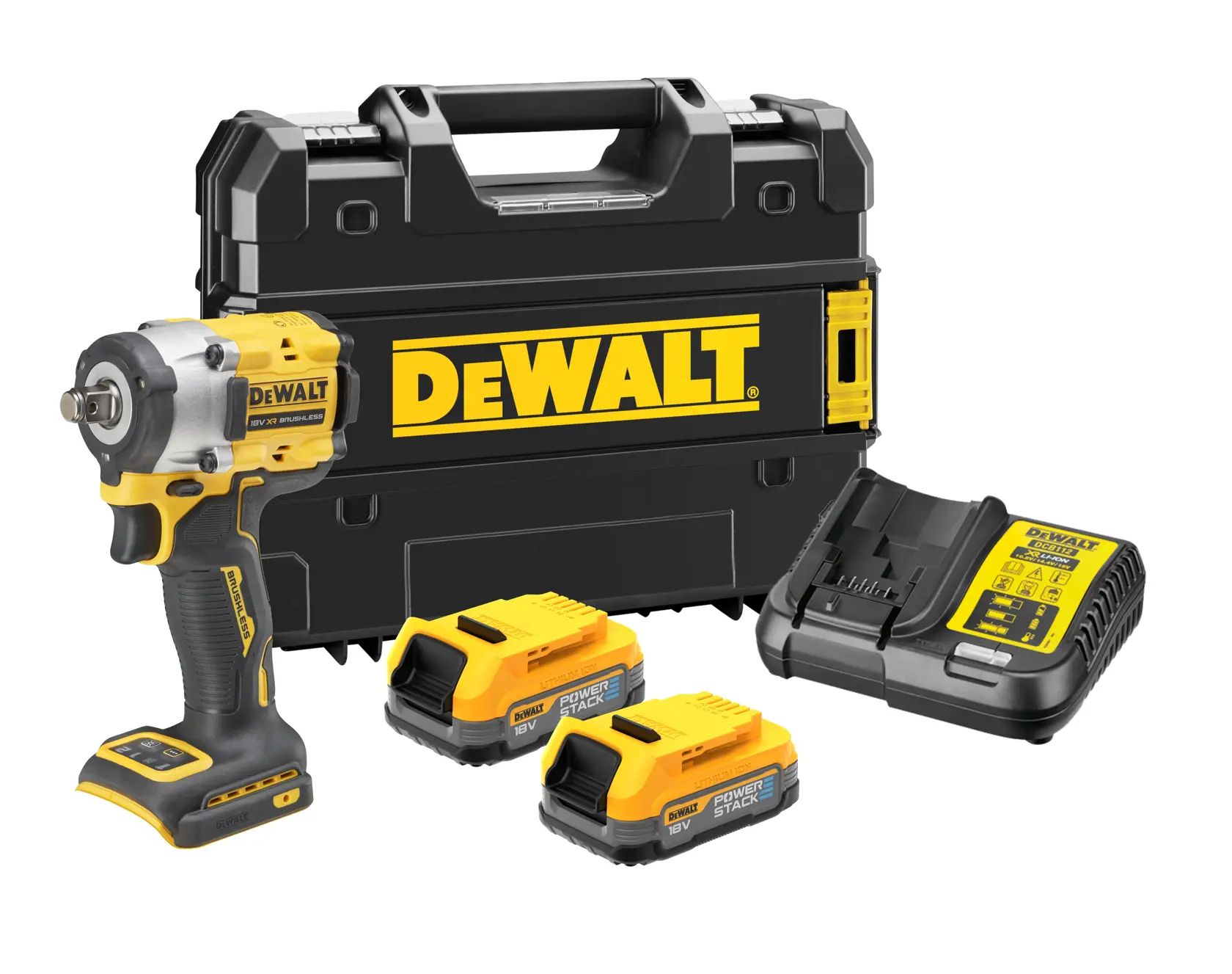 Juego de llave de impacto inalámbrica DEWALT que incluye una llave de impacto amarilla y negra, dos baterías Powerstack de 18V, un cargador de batería y un maletín rígido con el logotipo DEWALT.
