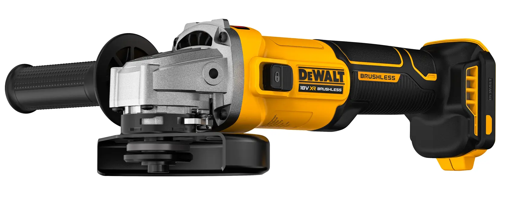 DEWALT DCG407NT, DCG407N-XJ cordless grinder tool in black and yellow. Photography product category.