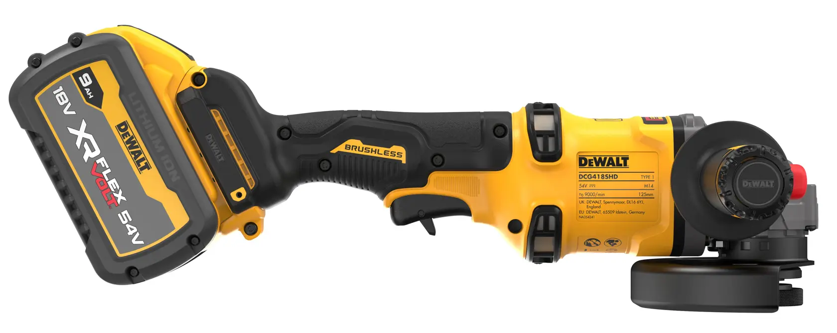 Polizor unghiular 125 mm, 54V XR Flexvolt, cu mâner lateral și funcție Detect - 2 x acumulatori FLEXVOLT 9Ah