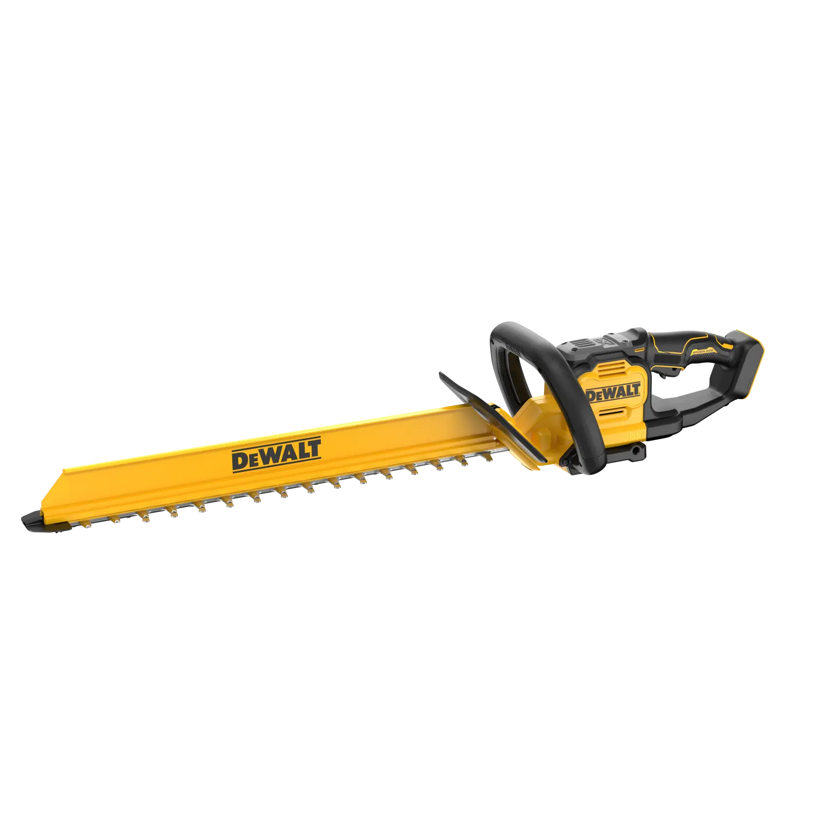 DEWALT hedge trimmer with yellow body, SKUs DCMHT567N, DCMHT567N-XJ. Photography product.