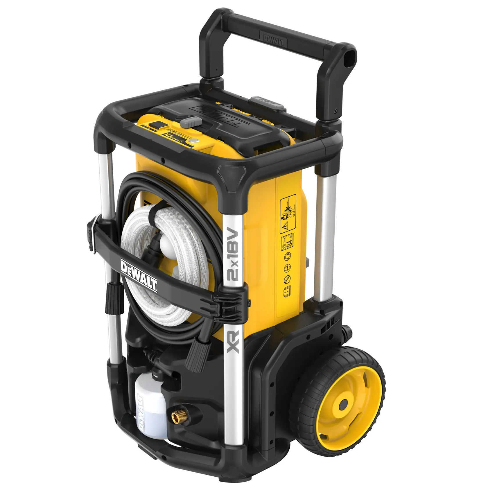 Hidrolimpiadora portátil DEWALT, de color amarillo y negro, con ruedas y asa para facilitar el transporte. La unidad cuenta con una manguera enrollada y almacenamiento para accesorios integrado.