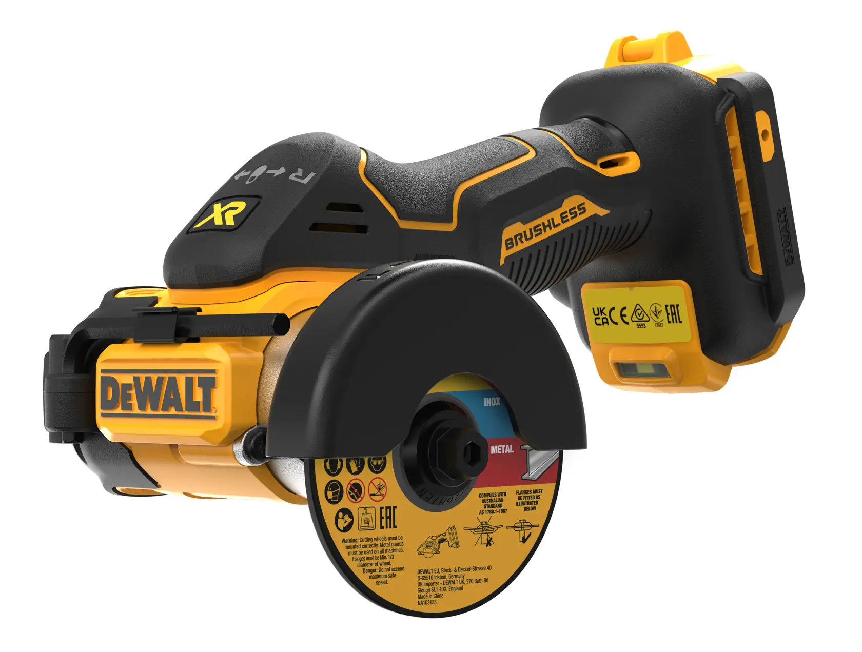 Unealtă de tăiere fără fir DEWALT DCS438N cu motor fără perii, protecție și logo DEWALT, prezentată cu disc de tăiere pentru metal.