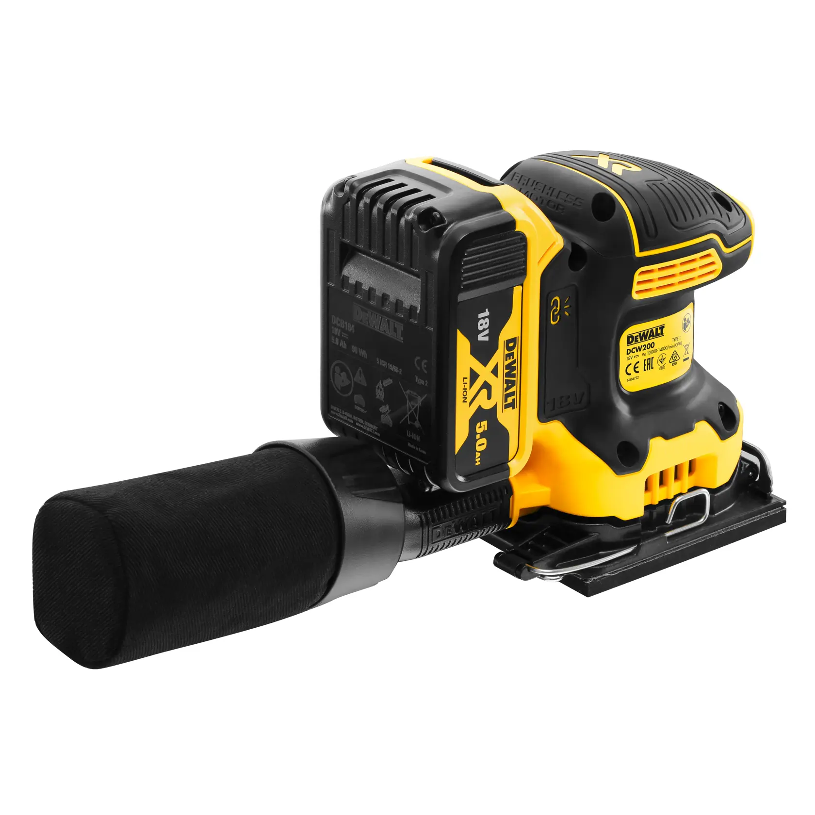 Șlefuitor cu palmă de 1/4 de foaie fără perii 18V XR fără perii (2 x 5 Ah)