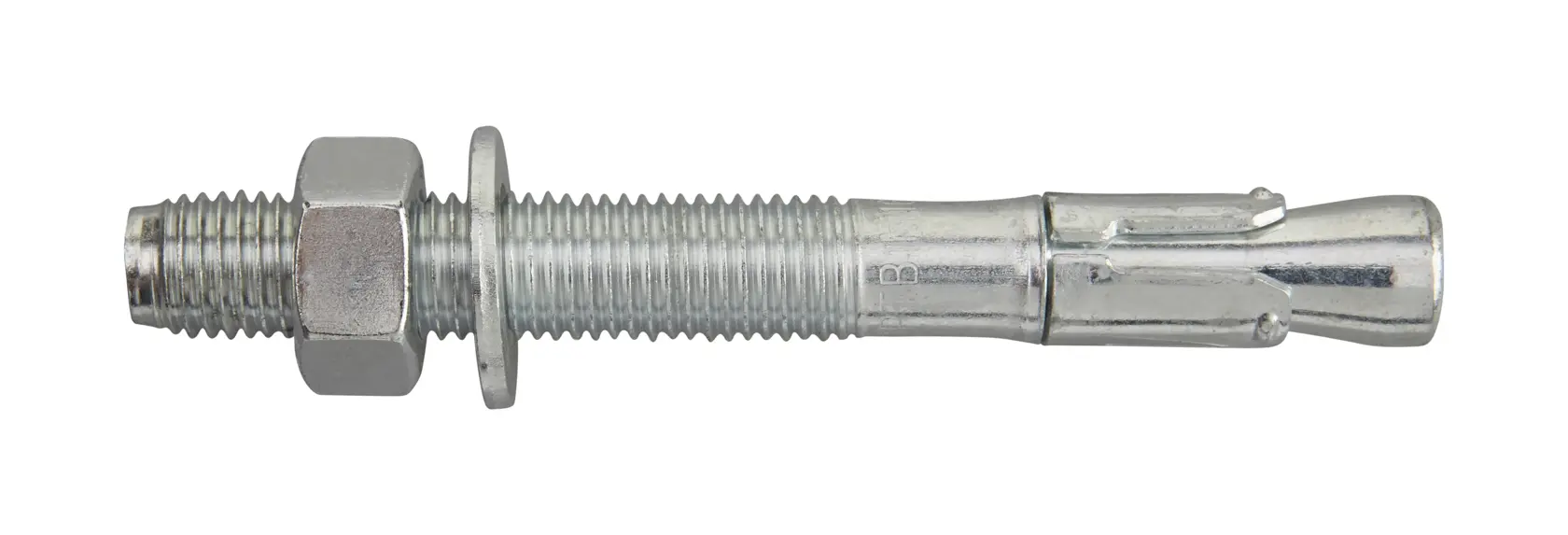 Tornillo de anclaje metálico con tuerca y arandela, para fijaciones en hormigón o mampostería.