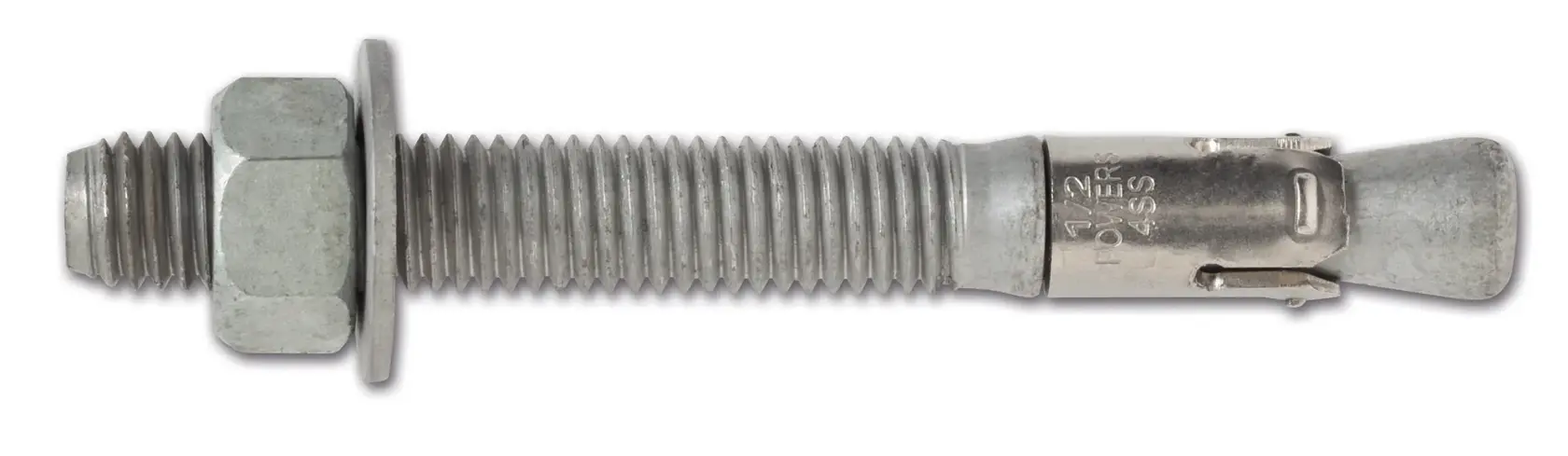 A close-up image of a metal expansion anchor bolt with nut and washer, used for securing objects to concrete or masonry surfaces.
