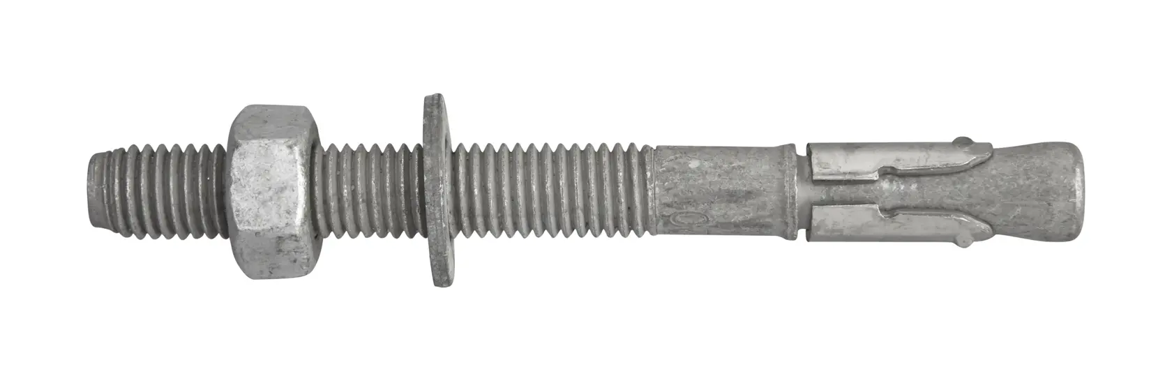 Metal anchor bolt with nut and washer for secure fastening, shown on a white background.