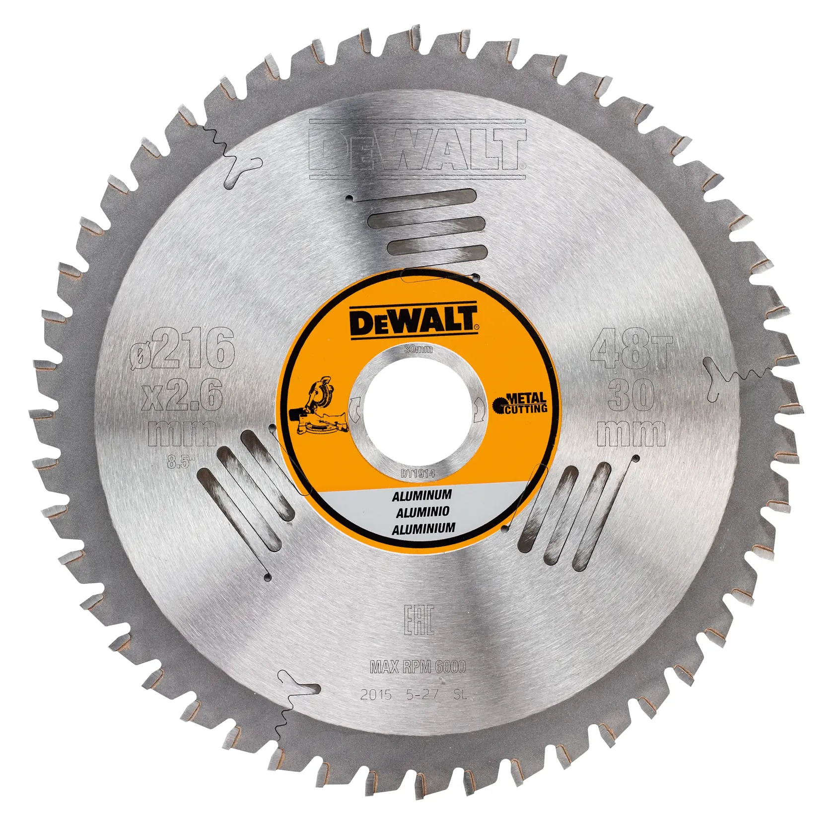 Hoja DEWALT DT1914 para cortar aluminio, diámetro 216mm, 48 dientes, hoja circular.