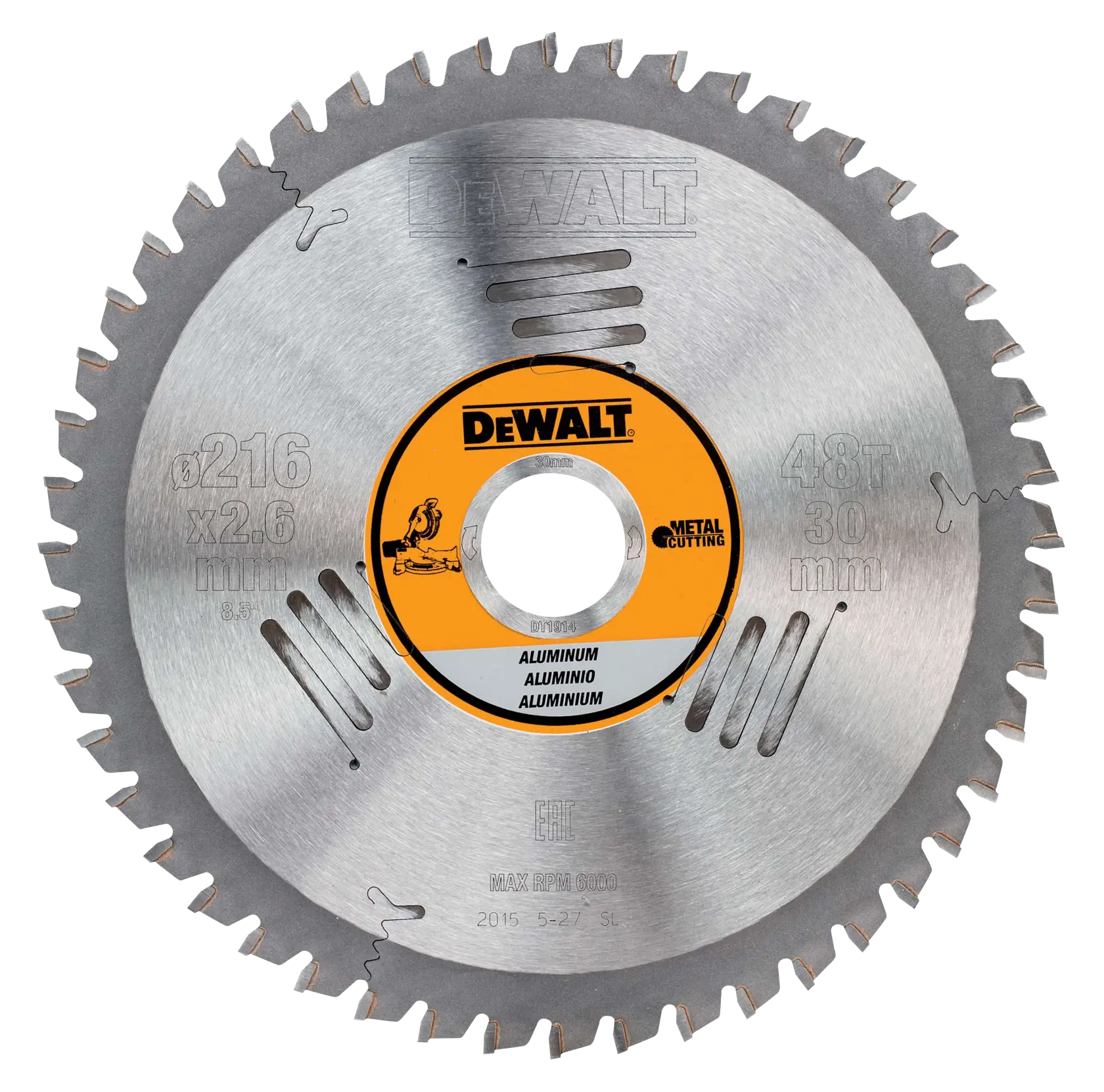 Disco sierra circular DEWALT DT1914 para aluminio, 216mm diámetro, 48 dientes, corte metal.