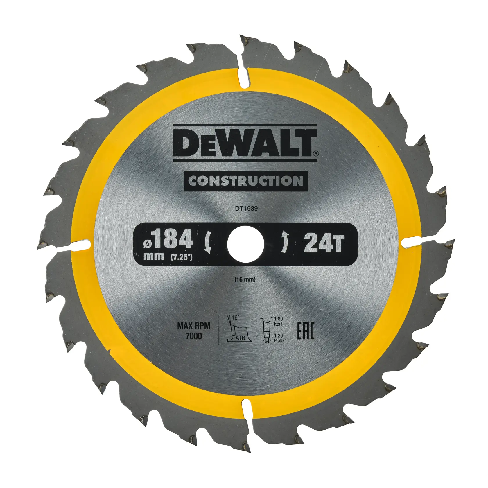 DEWALT DT1939 disco de sierra circular 184mm 24T para construcción, plateado con borde amarillo.
