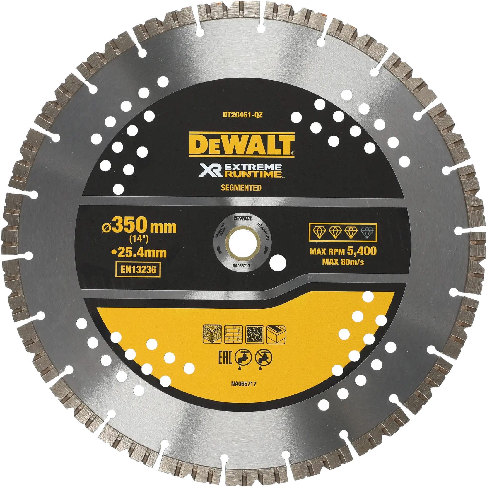 Disco de diamante segmentado DEWALT DT20461, diámetro 350mm, etiqueta amarilla y negra.