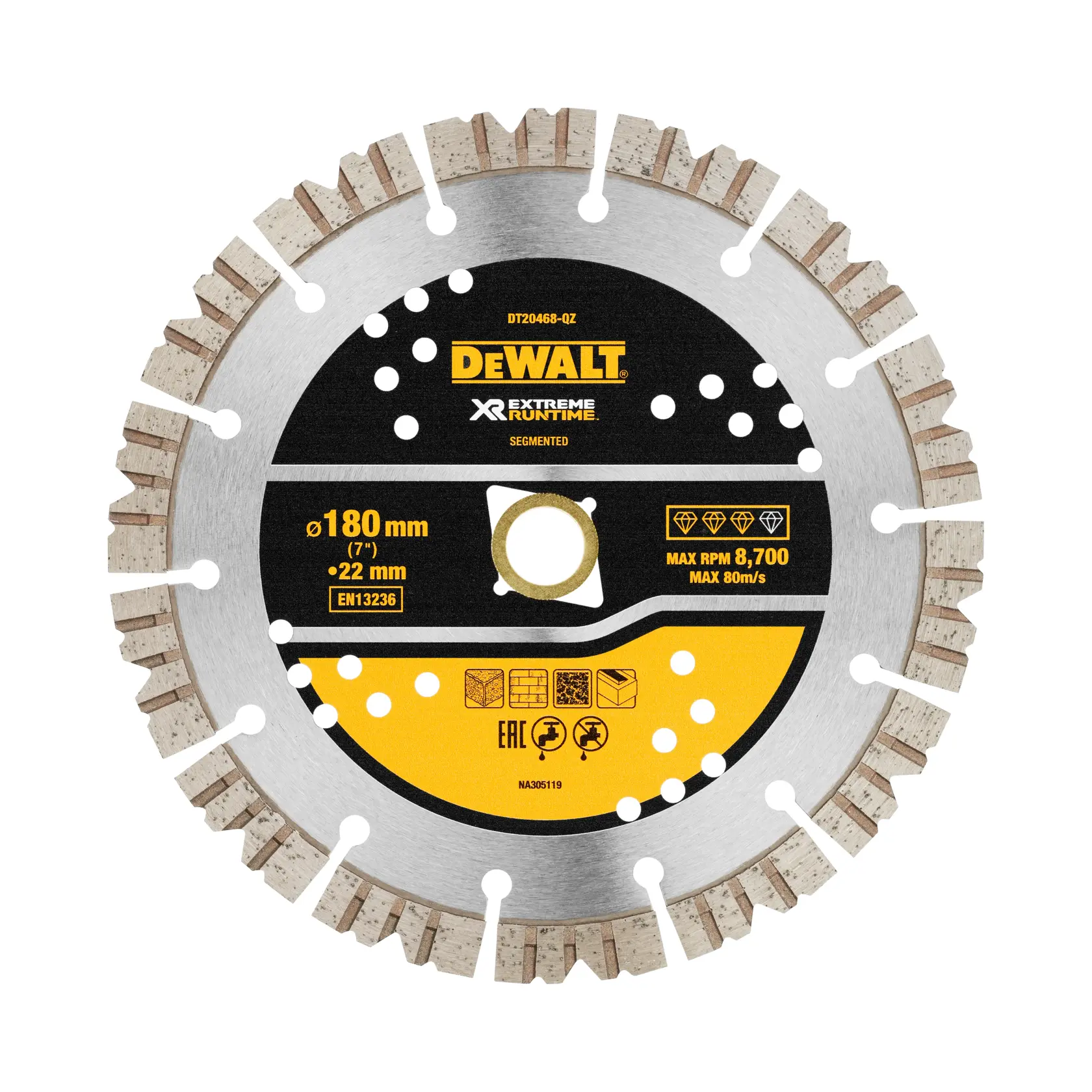 Disco de diamante segmentado DEWALT DT20468 para corte, diámetro 180 mm, serie Extreme Runtime.