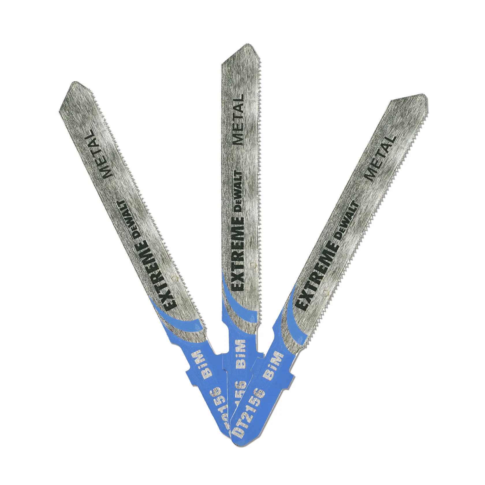 Tres hojas de sierra DEWALT DT2156 para metal, dispuestas en abanico sobre fondo blanco.