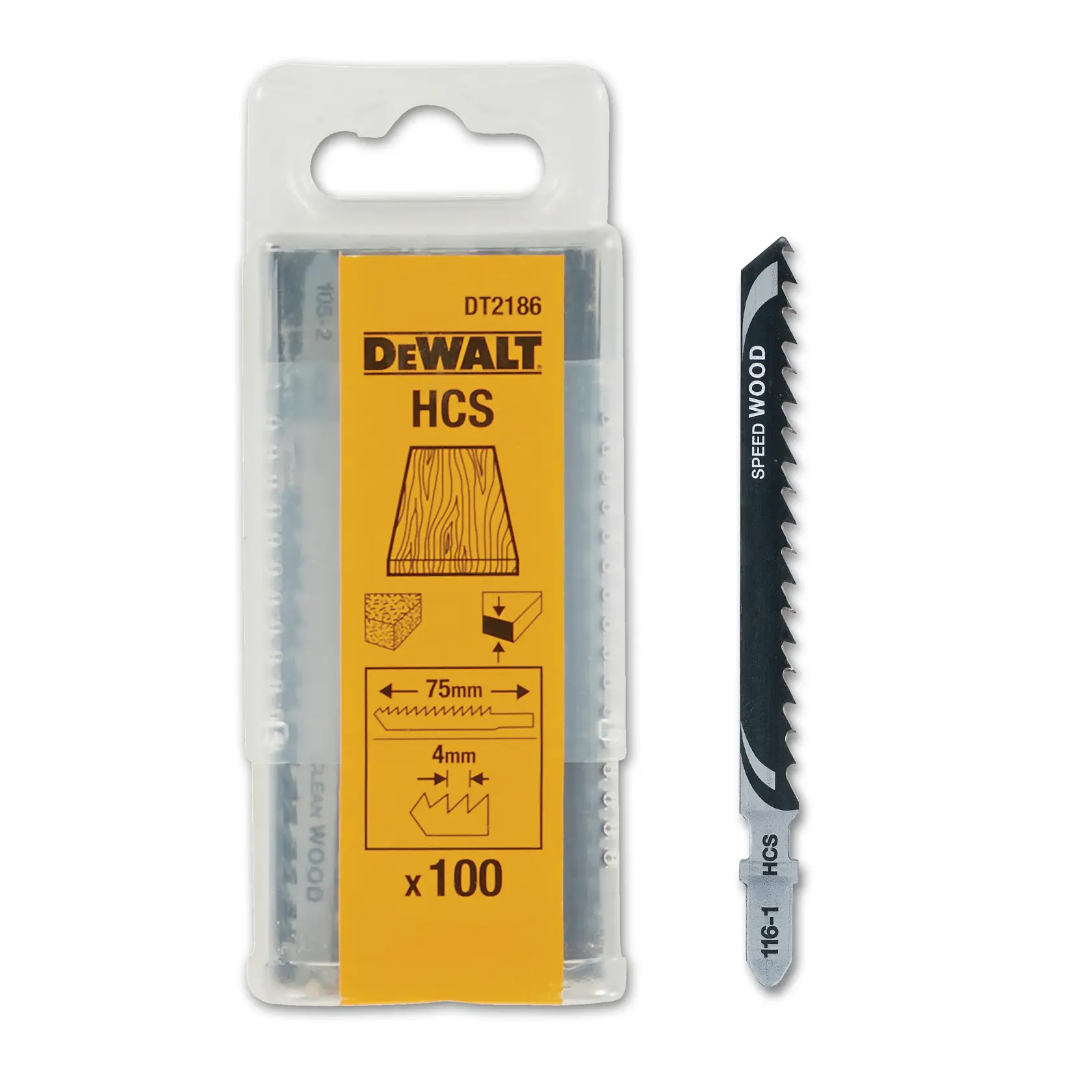 DEWALT DT2186 HCS jigsaw blade for wood, packaged with product specs. Blade with teeth shown next to pack.