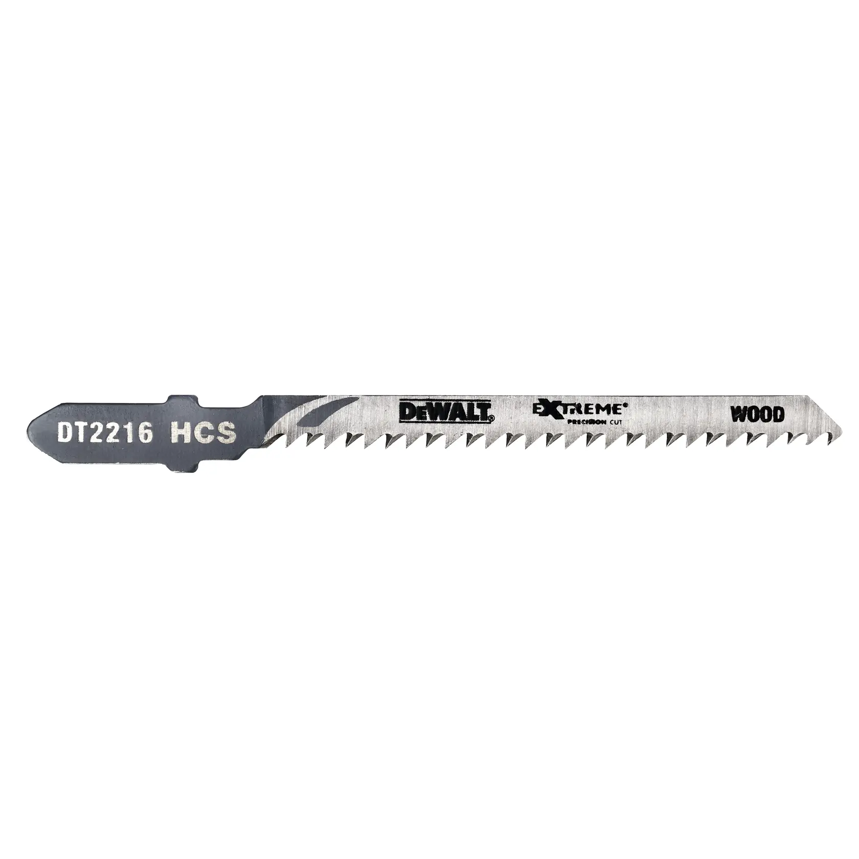 Hoja de sierra DEWALT DT2216 HCS para madera, plateada con texto negro, dientes precisos.