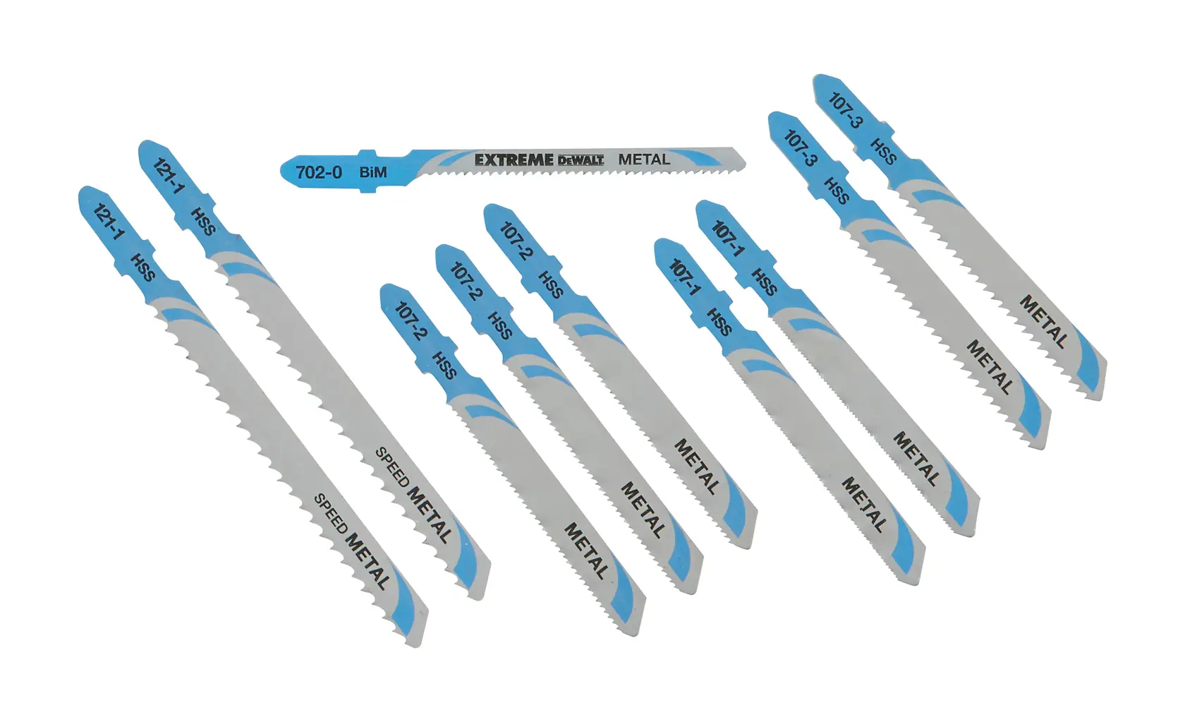 Juego de hojas de sierra para metal DEWALT DT2292 con puntas azules, sobre fondo blanco.