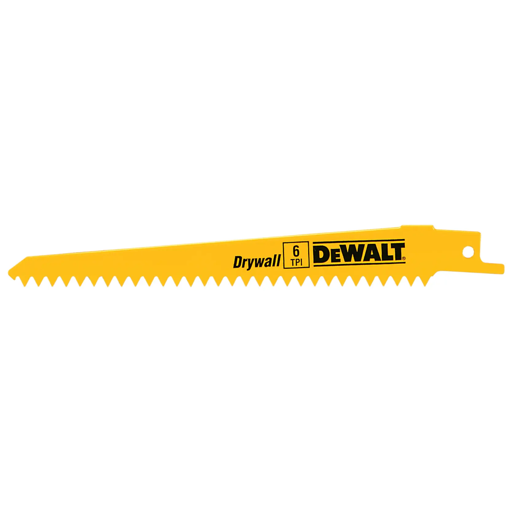 Hoja de sierra para drywall DEWALT amarilla con 6 TPI y dientes dentados visibles.