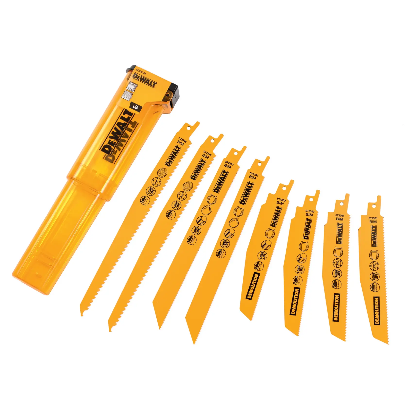 Juego DEWALT DT2442 con ocho hojas de sierra sable amarillas y caja de almacenamiento.