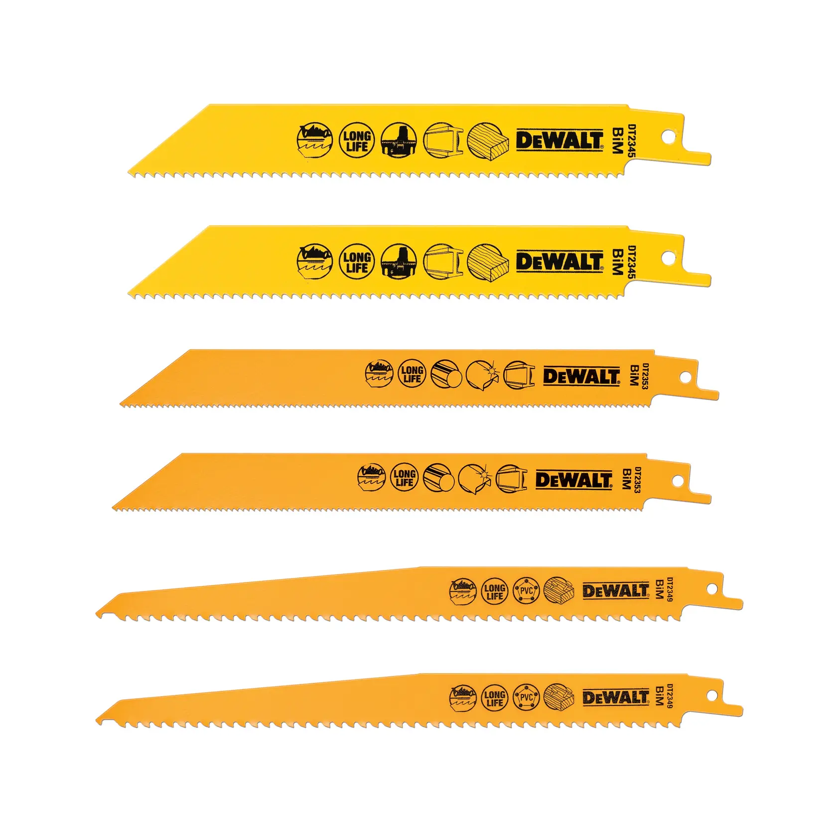 Sechs gelbe DEWALT Säbelsägeblätter mit Symbolen, zum Schneiden von Holz und Metall.