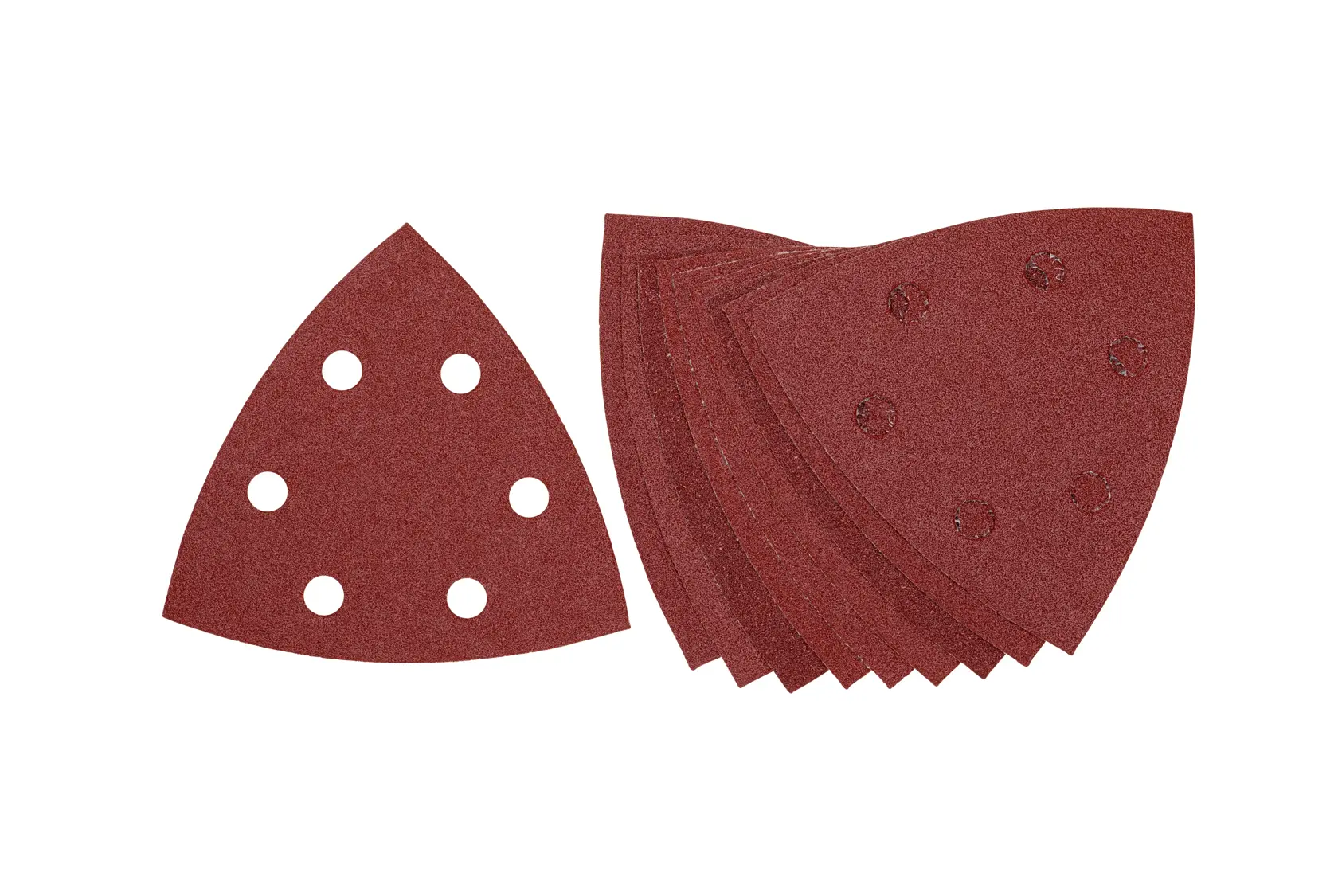 Juego de hojas de lija triangulares DEWALT con agujeros para extracción de polvo sobre fondo blanco.