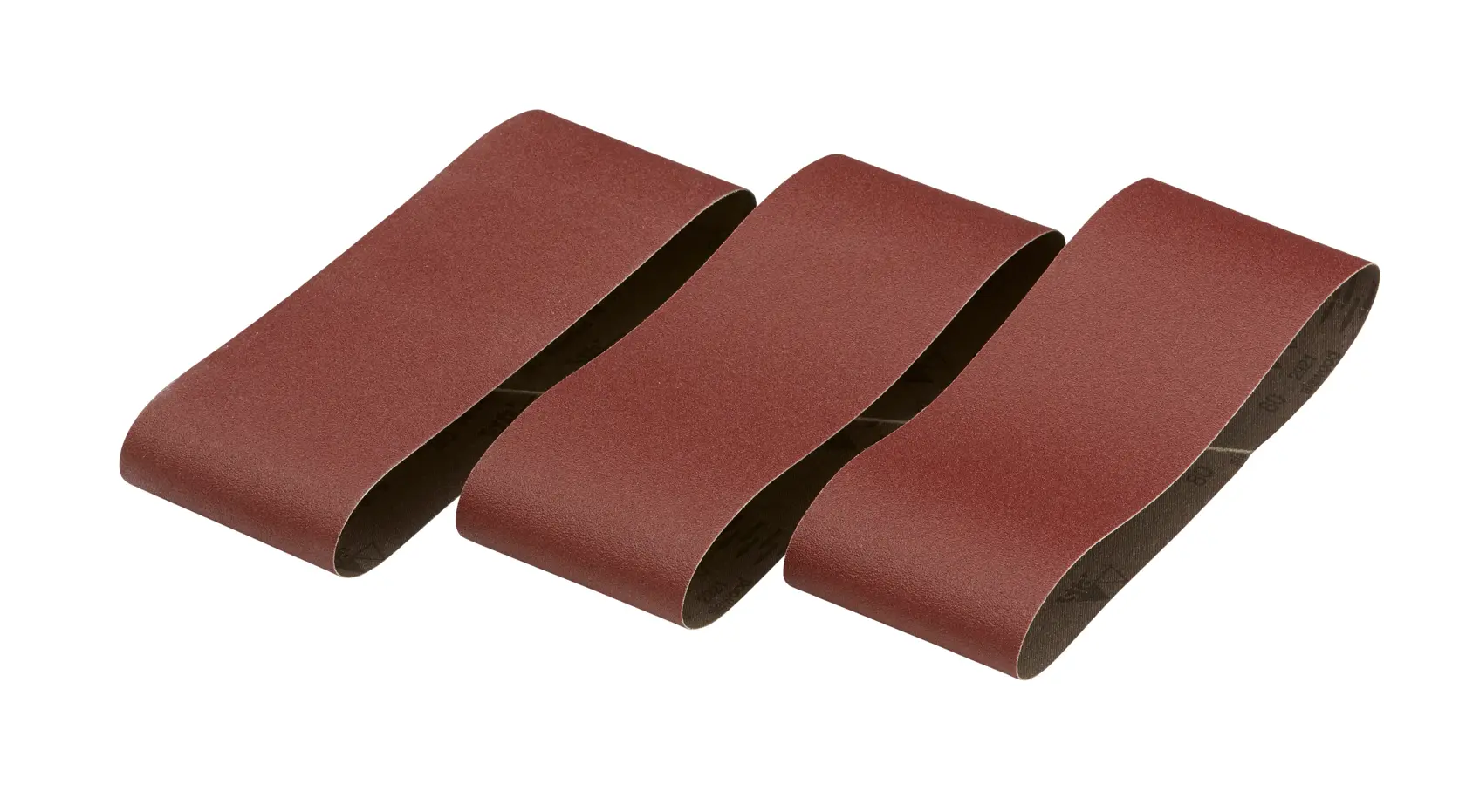 Three brown DEWALT sanding belts arranged side by side, suitable for belt sanders on wood or metal surfaces.