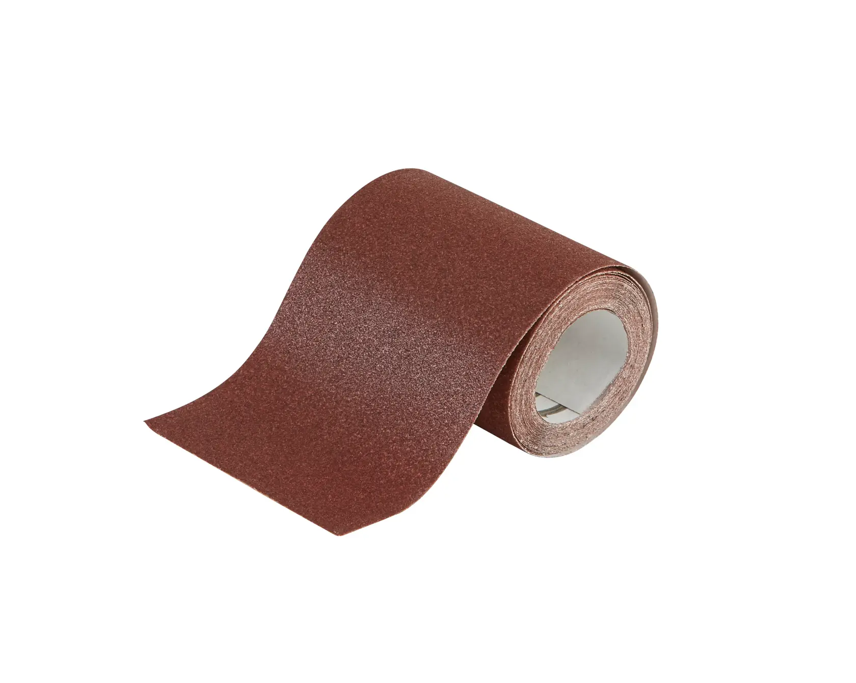 A brown sanding paper roll with a textured surface, partially unrolled, used for finishing and smoothing materials.
