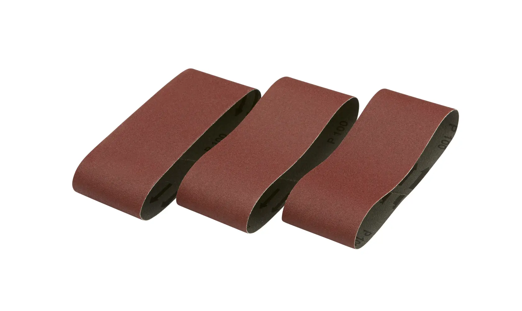 Three brown DEWALT sanding belts arranged side by side on a white background.