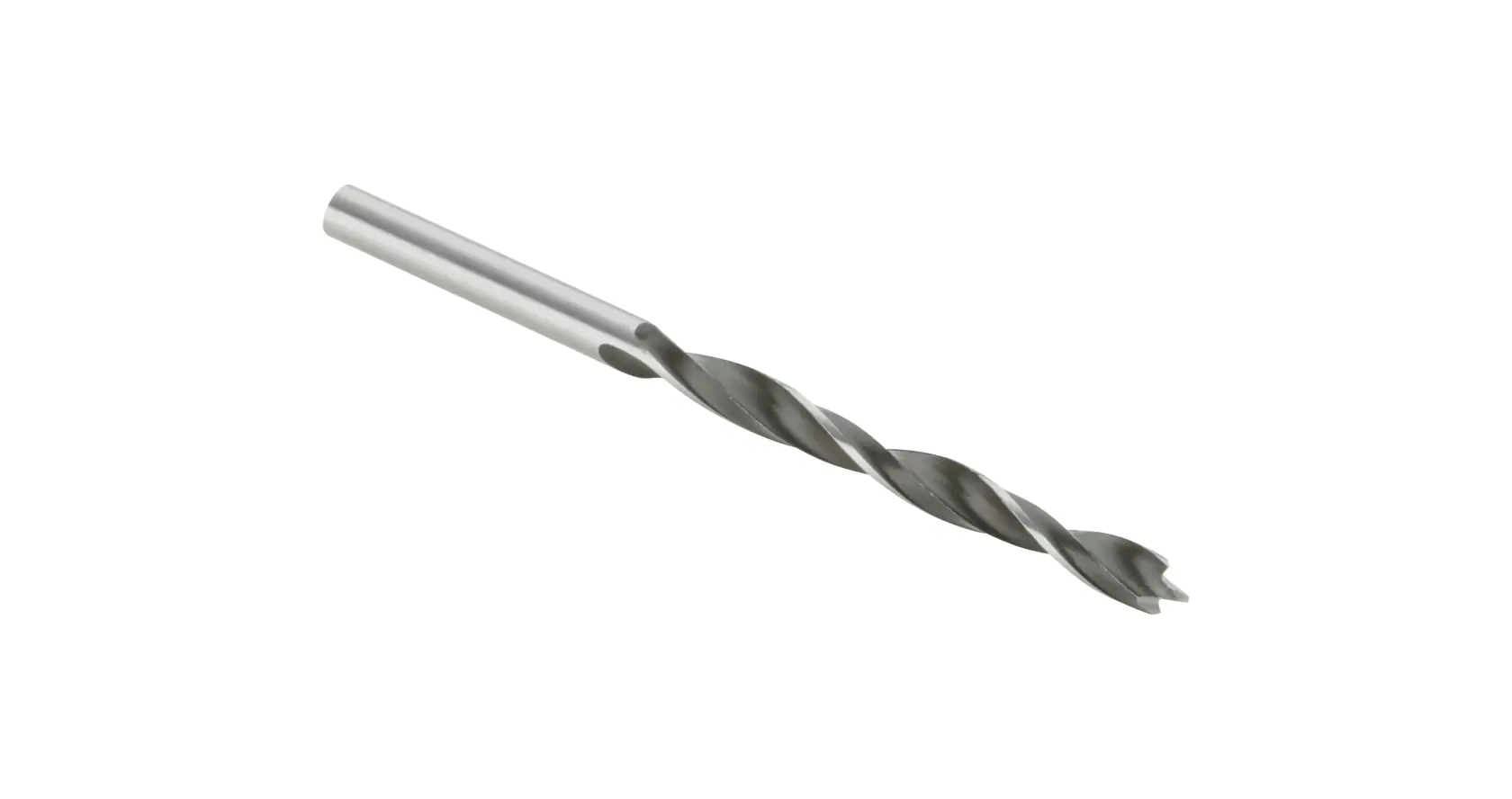Una broca de metal única con diseño en espiral, mostrada sobre un fondo blanco.