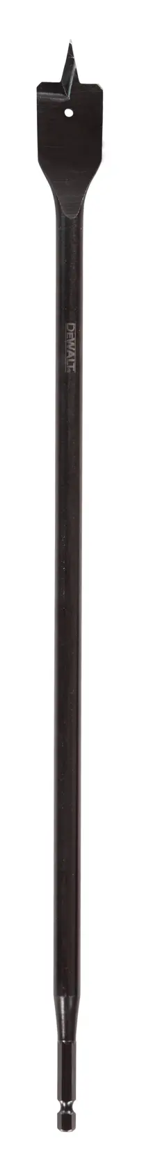 Foret plat pour bois avec tige longue, idéal pour percer de grands trous. Marque DEWALT visible.