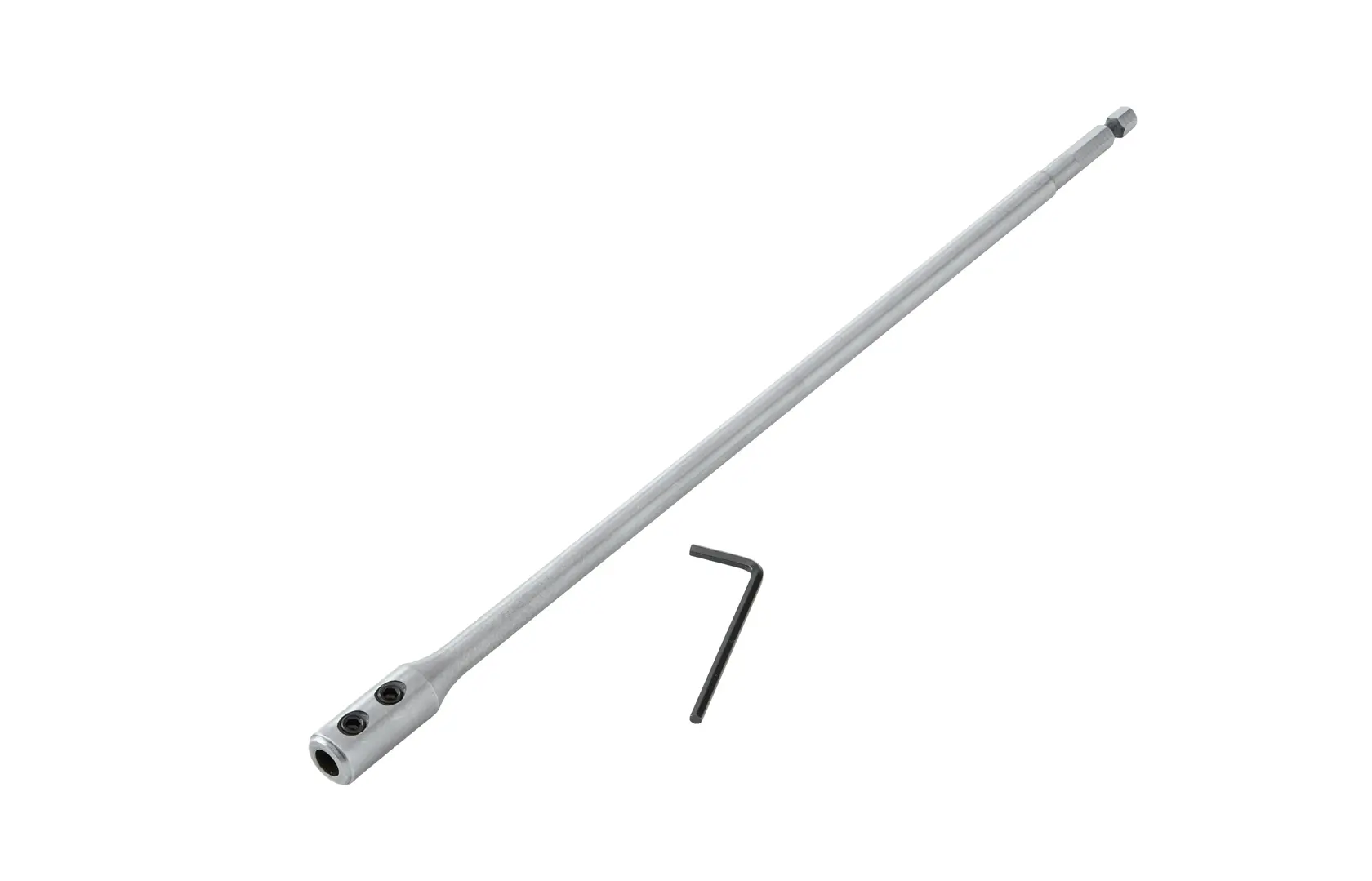 Barra extensora metálica para taladro y llave hexagonal en L sobre fondo blanco.