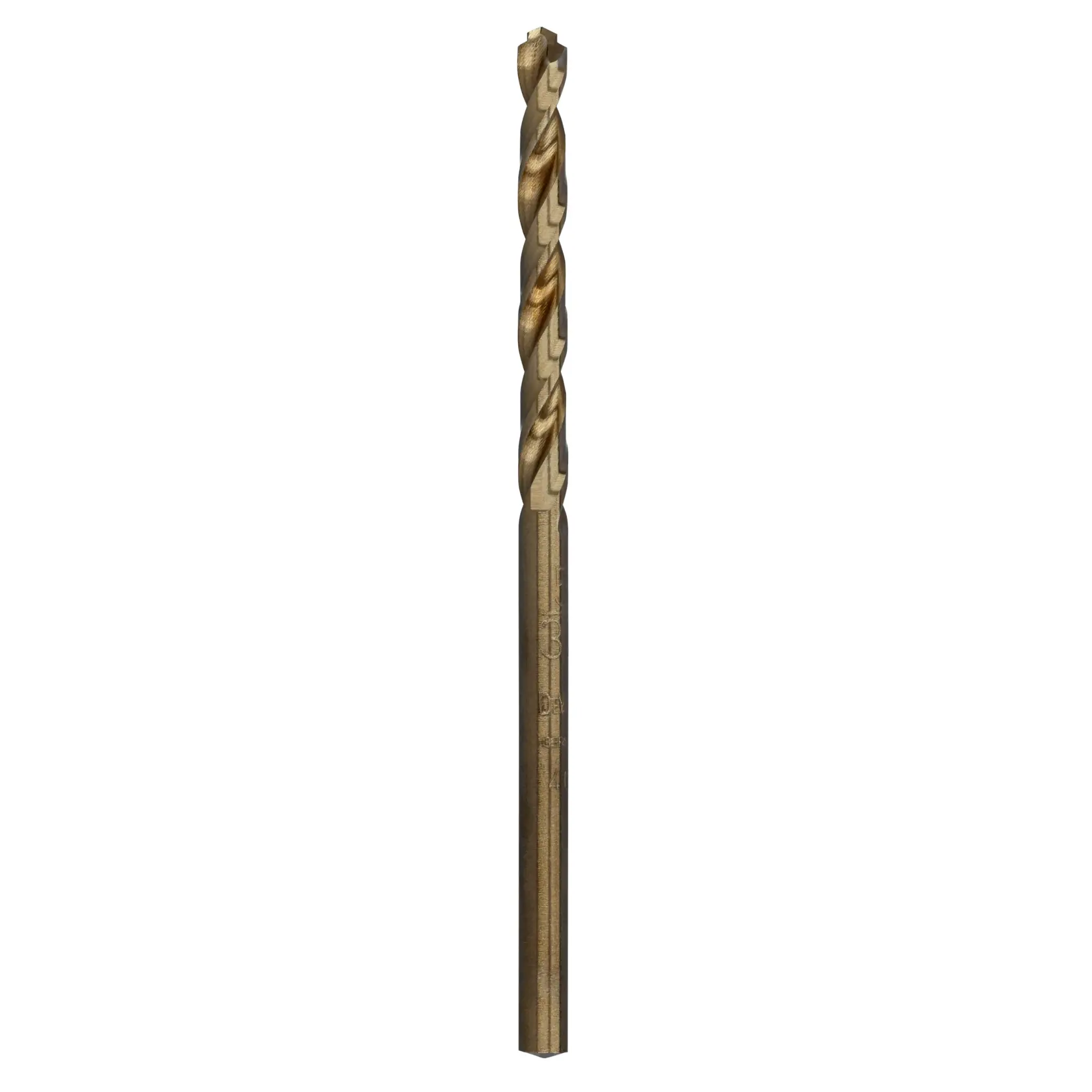 A single gold-colored DEWALT drill bit with a twisted flute, shown vertically on a white background.
