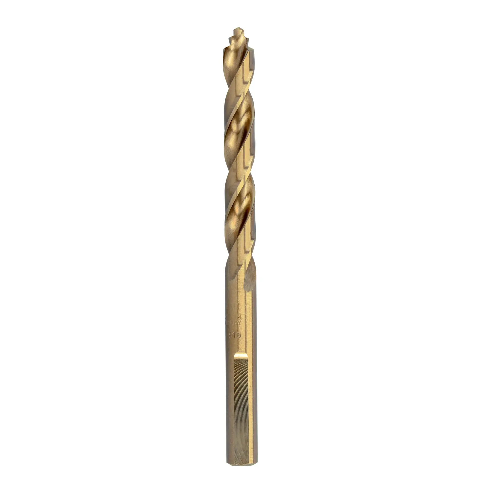 Titanium-coated DEWALT drill bit, spiral design, shown vertically on a white background.