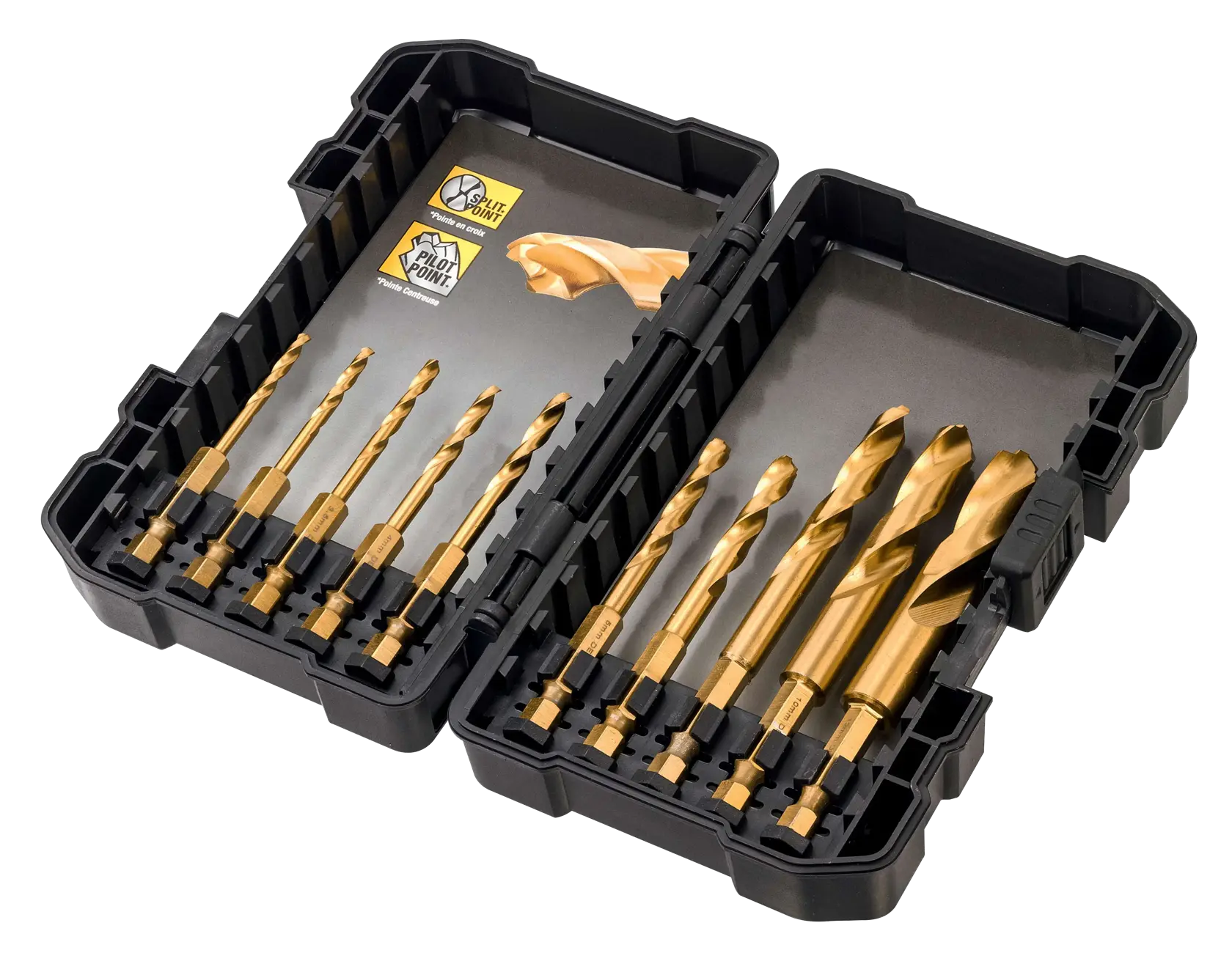 Juego de brocas de titanio DEWALT en caja negra, muestra varias medidas para taladrar.