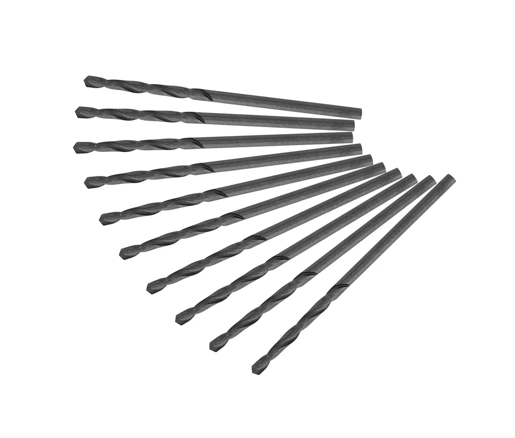 Set of ten DEWALT DT5121 metal drill bits arranged in a fan pattern on a white background.