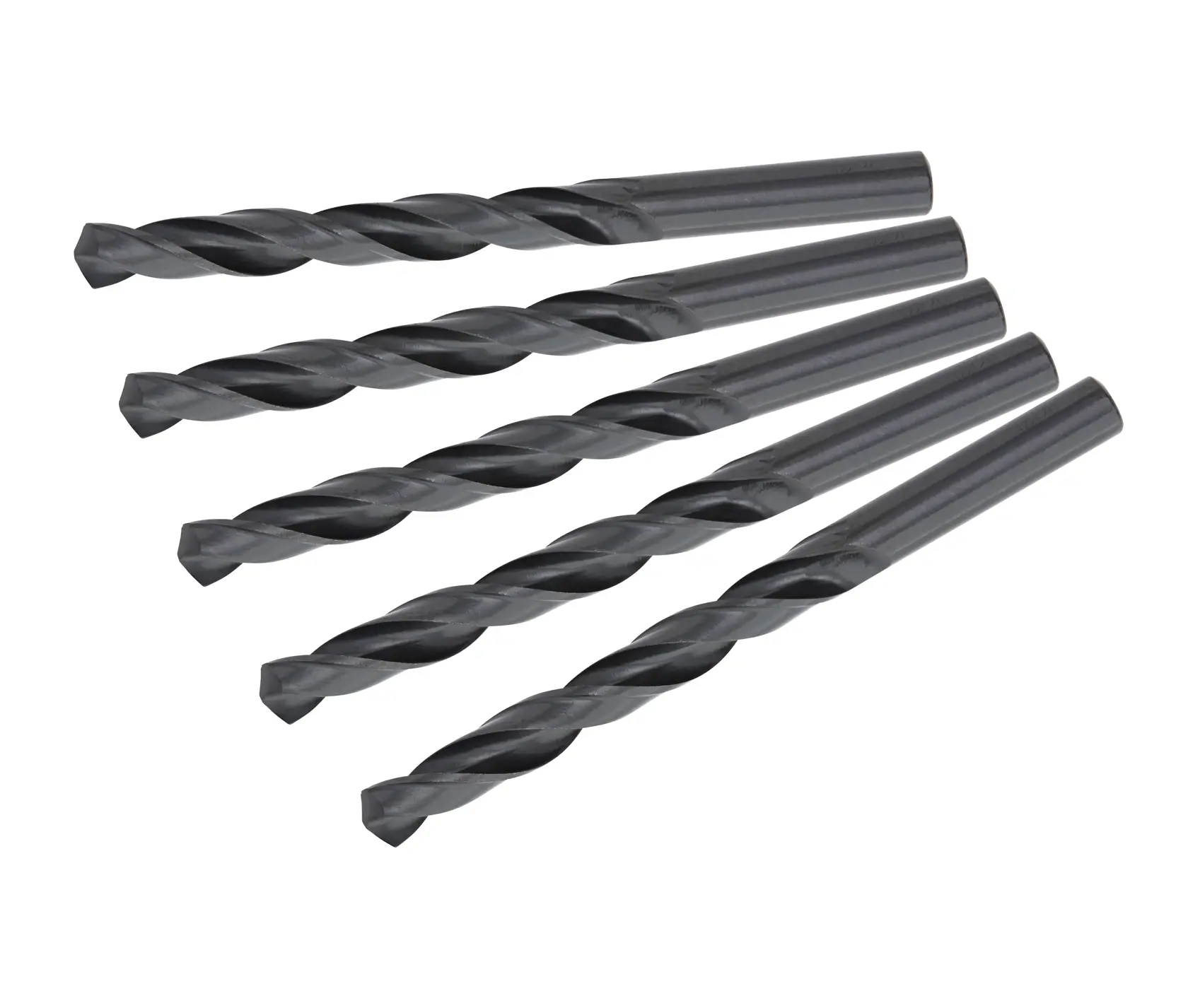 Five black DEWALT twist drill bits arranged side by side on a white background.