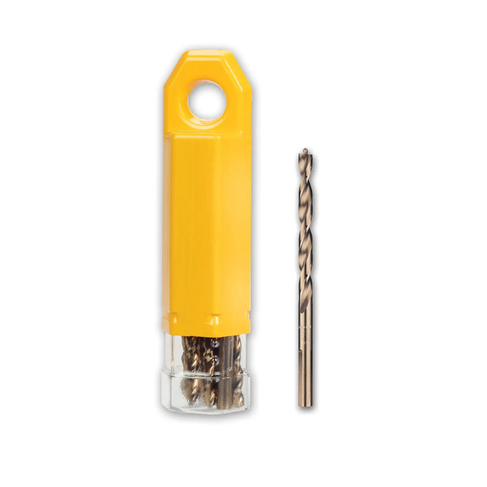 Juego de brocas DEWALT con estuche amarillo y una broca mostrada al lado.