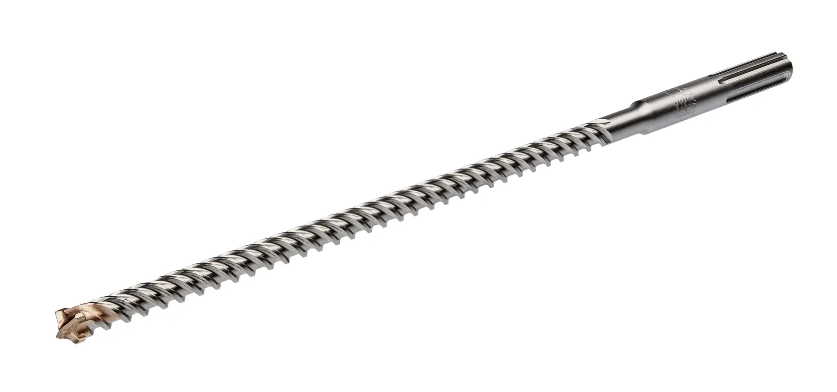 Ein langer, spiraliger SDS-Bohrer DEWALT DT60801 auf weißem Hintergrund. Die Spitze ist zum Bohren in Mauerwerk und Beton ausgelegt.