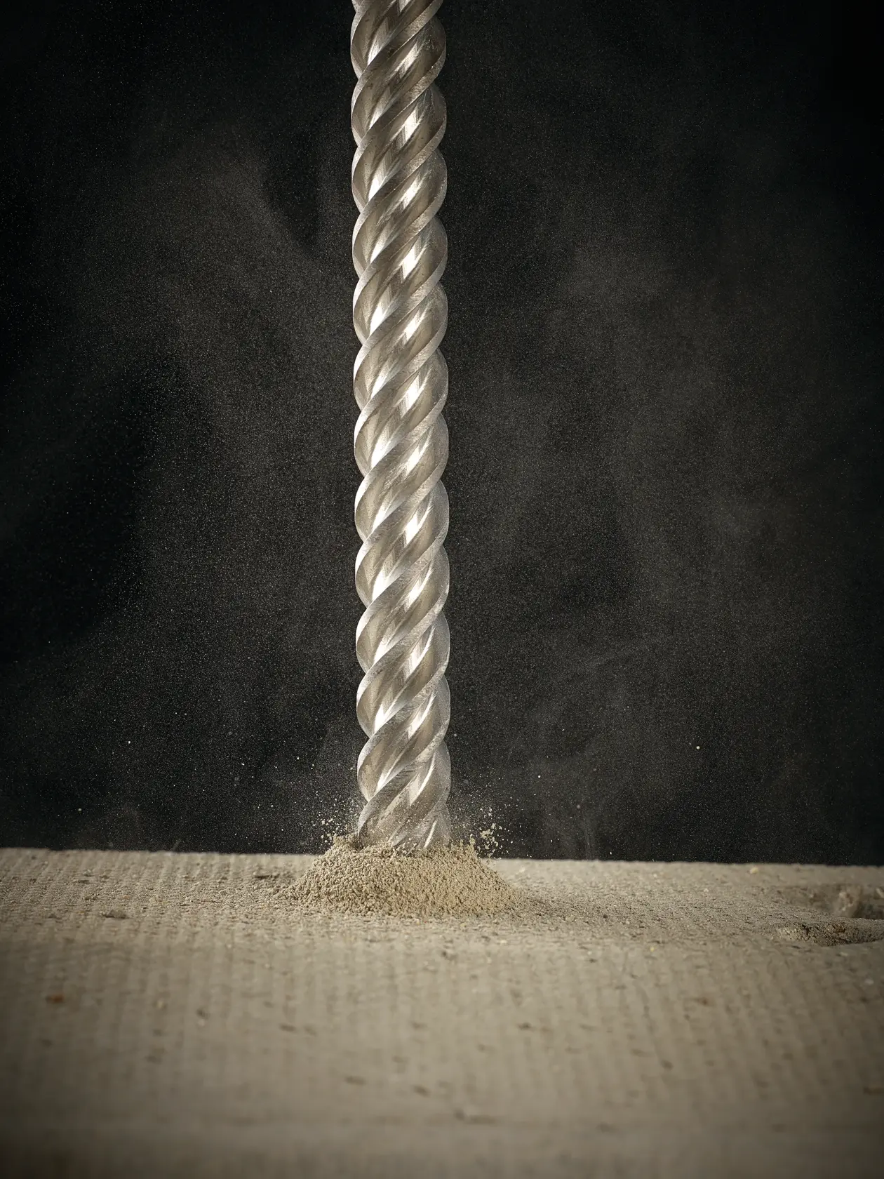 Primer plano de una broca DEWALT perforando concreto, con polvo alrededor del agujero.